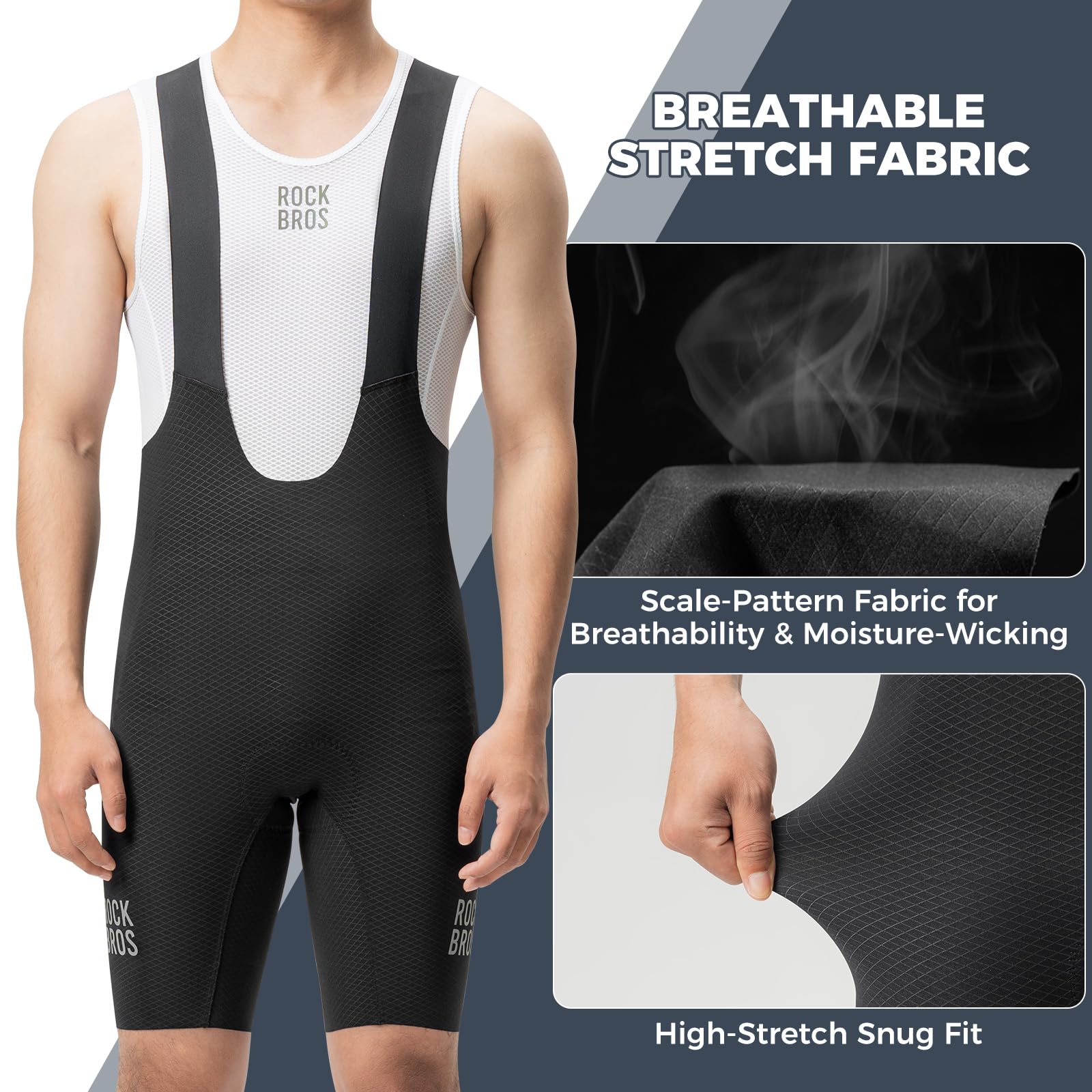 ROCKBROS Salopette Ciclismo Uomo Estiva, Pantaloncini Ciclismo Uomo con Bretelle Imbottiti, con Fodello 3D, Traspirante e Asciugatura Rapida, Abbigliamento per Bici da Strada MTB, Nero
