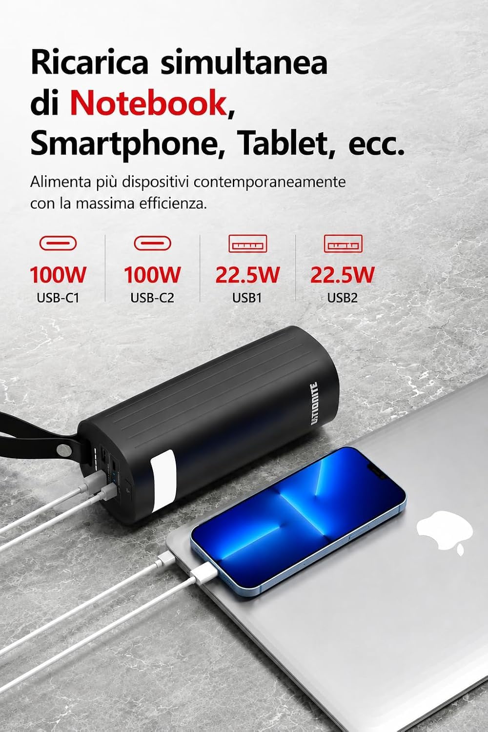 LITIONITE Titan Power Bank 60000mAh 200W per Notebook e MacBook, con doppia porta USB-C 100W PD3.0, Batteria Esterna LiFePO4 3000 Cicli, per Tablet, Nintendo Switch e Drone