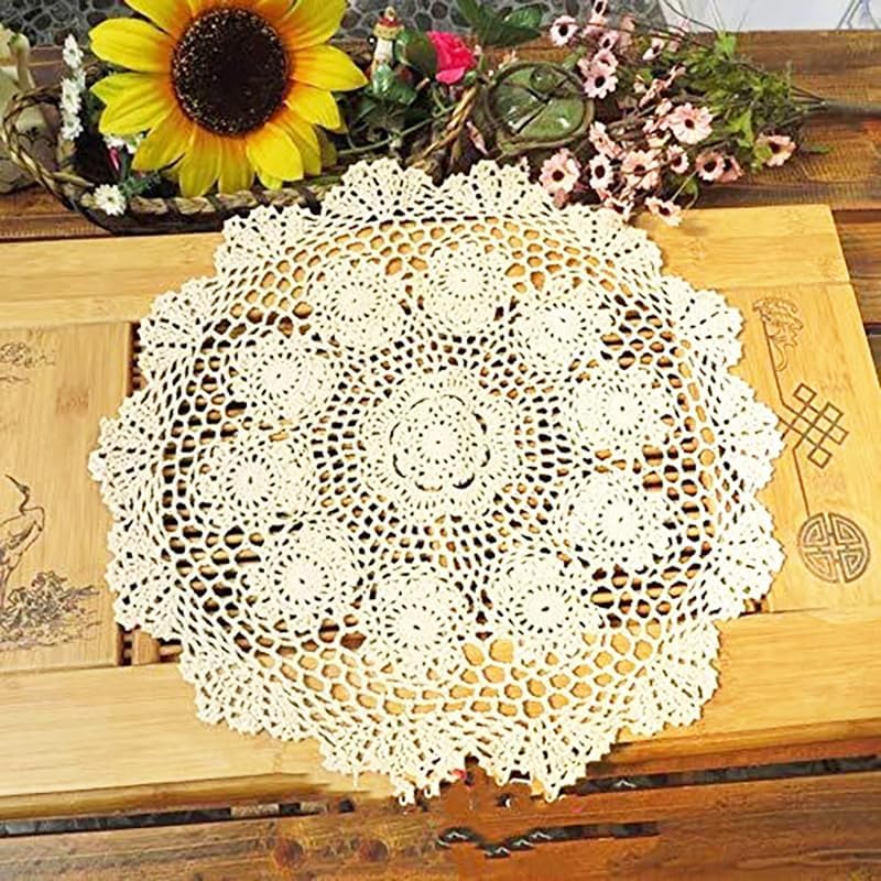 Polkar Cotton Handmade Crochet Lace Tablecloth Table Doilies Table Placemats (Beige- 2pc-16 Inch-R)