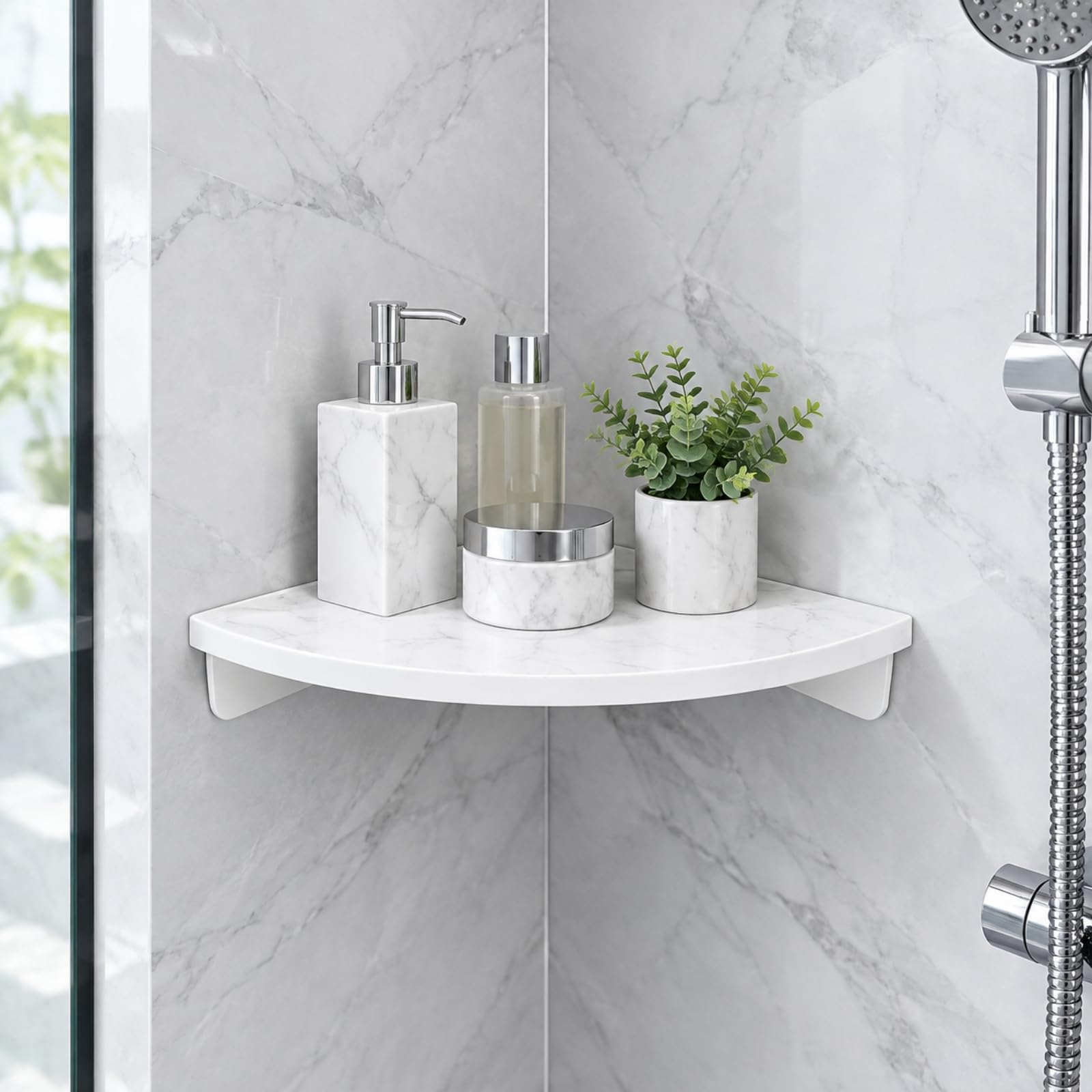 Ronyme Mensola Angolare da Bagno a senza Foratura Mensola Angolare con Superficie Effetto Marmo Facile da Pulire Scaffale per Appartamento, Ventaglio