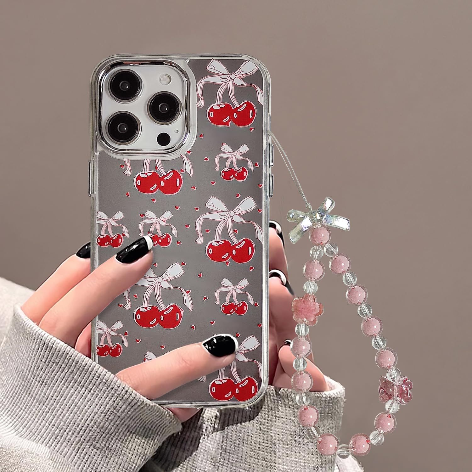 Uioeua Compatible with iPhone 14 Pro Bow Cherry Case,Cute Mirror Back Pink Bow Pattern with Pearl Wrist Strap Bracelet Cha...
