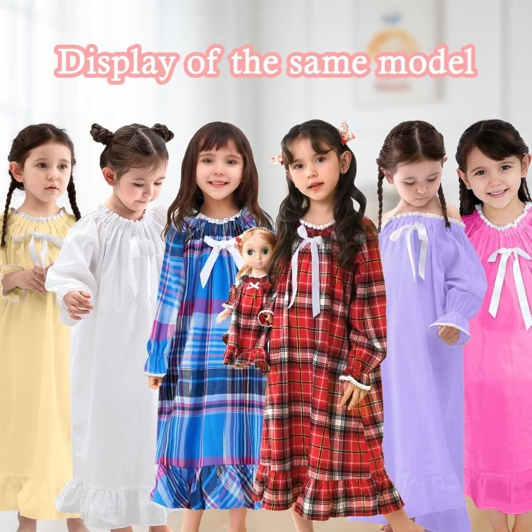 女の子用 ホリデー ナイトガウン ロング ヴィンテージ コットン パジャマ ドレス 2歳-14歳 レッド/パープル/イエロー/格子縞