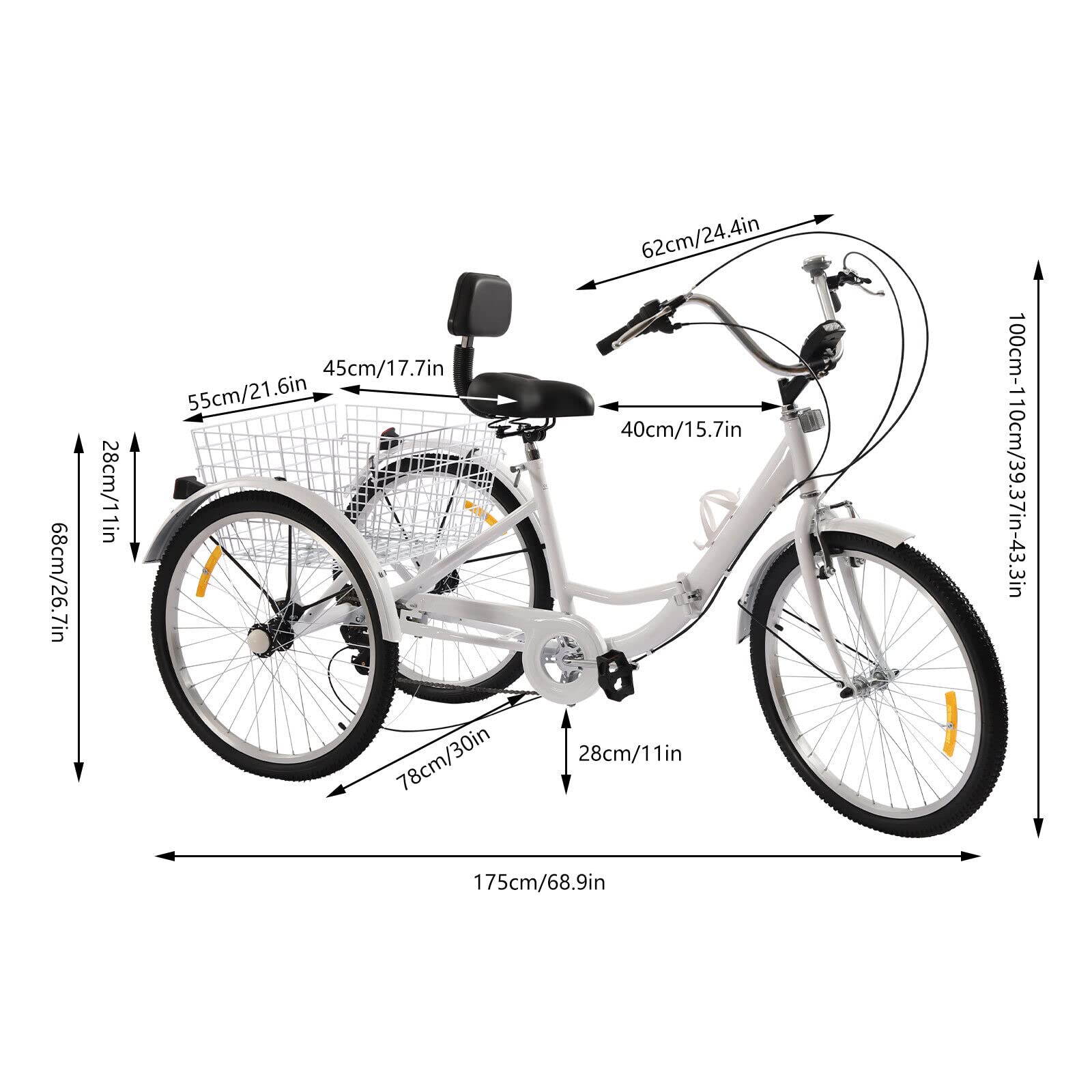 Triciclo para adultos de 24 pulgadas, plegable, 3 ruedas, 7 velocidades, con luz LED, cesta de verduras, para hombres, mujeres y ancianos