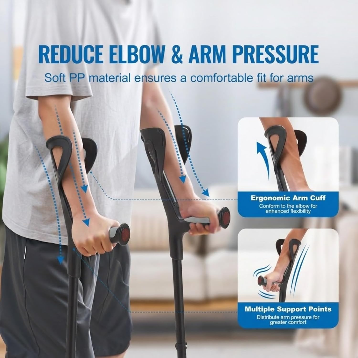 Crutches for Adults (x2) - Lightweight Adjustable Height Axillary Crutch with Comfortable Underarm Pads Non Slip Rubber Tips Premium Aluminum Walking Support for Seniors Injury Recovery Mobility Aid