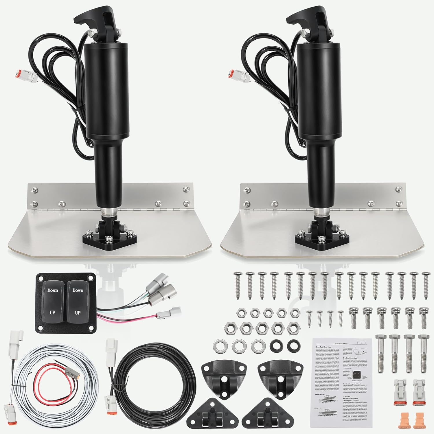 9" x 12" Standard Mount Electric Trim Tab Kit, 12V(±3V) Boat Trim Tabs w/Double Rocker Switch,6.6ft Switch Harness,Stainless Steel Planes,Deutsch-Style Connectors,for 16–25 ft Boats