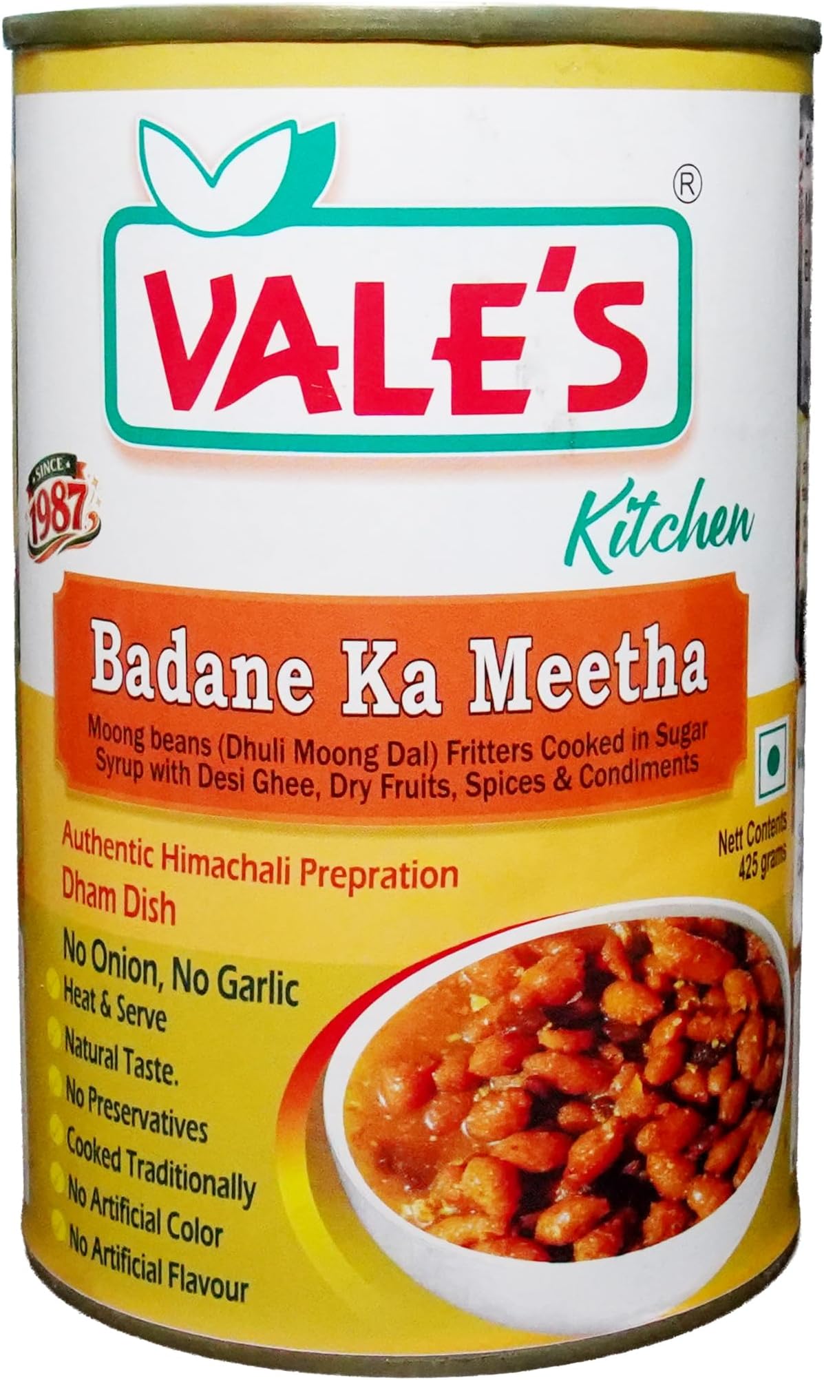 VALE'S Badane Ka Meetha 425g | Authentic Himachali Dham Sweet Dish | Moong Dal Fritters Cooked in Desi Ghee, Dry Fruits & Sugar Syrup | 100% Natural • No Preservatives • Heat & Serve