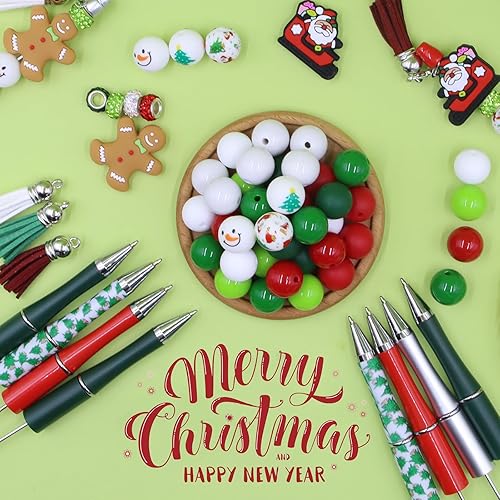 Miniatura 7 de HEYUNG 15 juegos de bolígrafos de cuentas de Navidad, bolígrafos de cuentas de silicona de Navidad con 78 cuentas espaciadoras de Navidad y borlas,