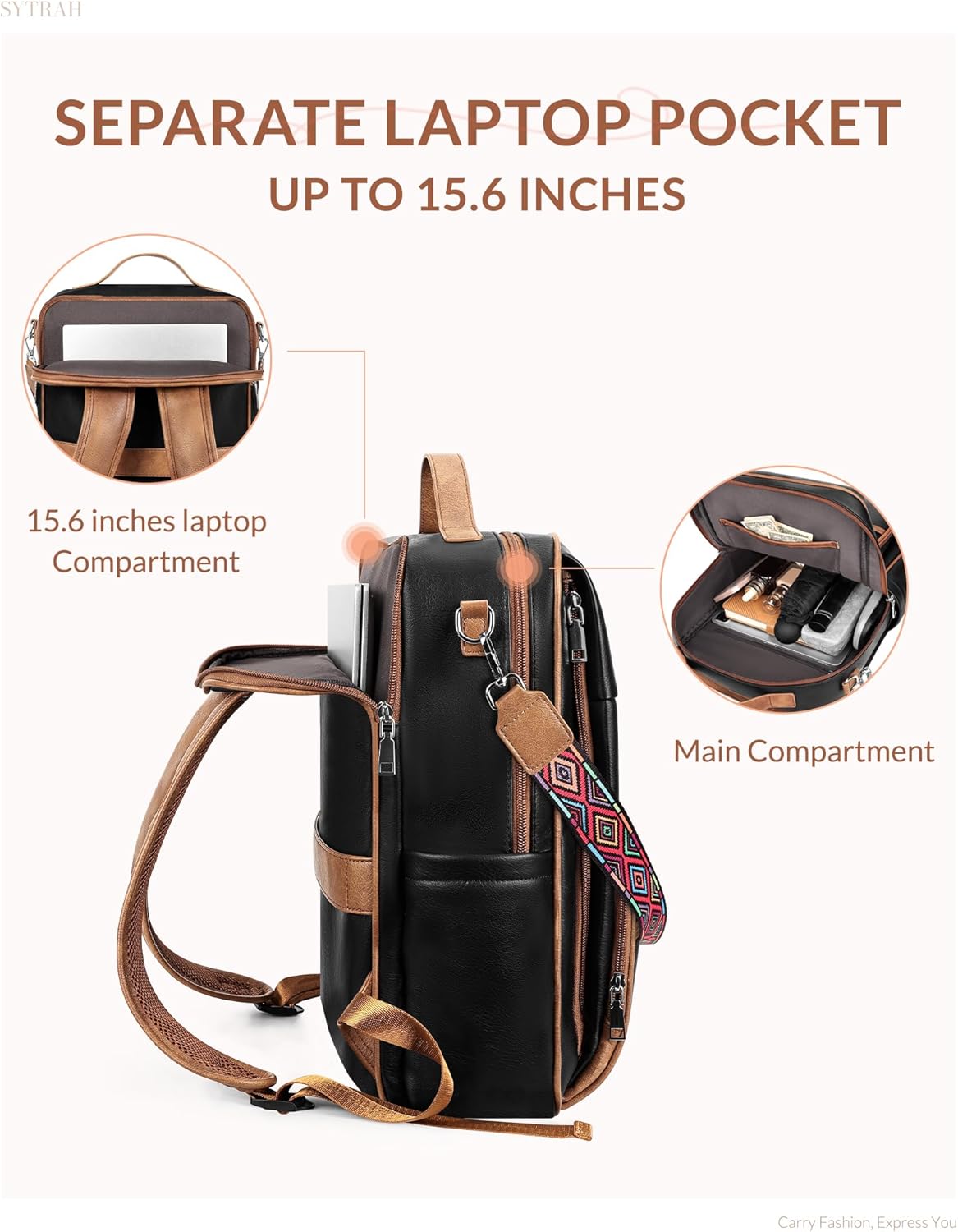 Leather Laptop Backpack, 15.6 Inch Business Computer Bag, Designer College Backpack Travel Backpack with Colorful Shoulder Bag Strap Black Brown - Image 4