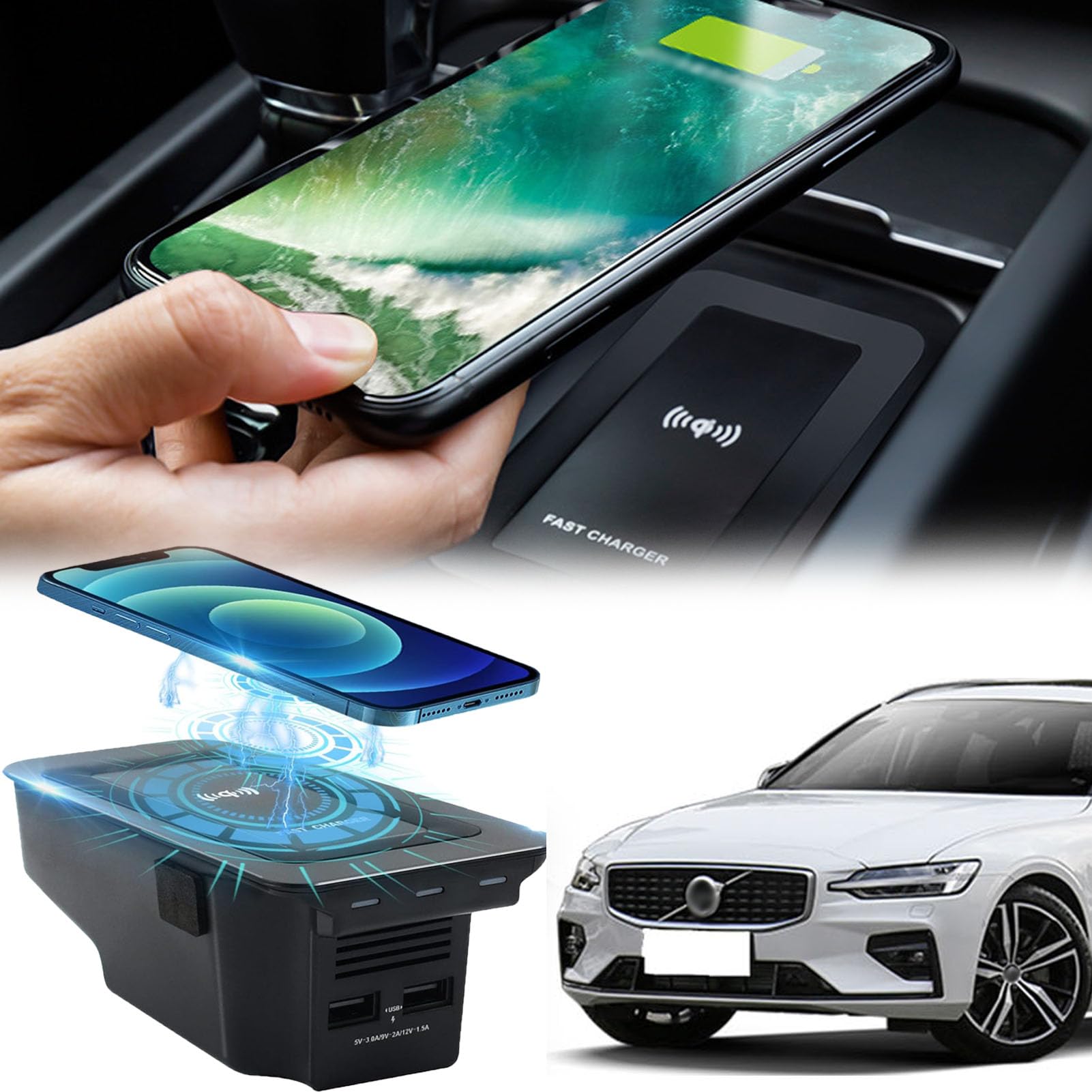 Cenna Caricabatteria per Auto Wireless per Volvo S60 Xc60 V60 S90 V90 Xc90 (2015-2024) Accessorio per Tutti I Modelli con Wireless da 15 W E Doppia USB Qc3.0 Regalo di Ricarica Rapida per La Famiglia