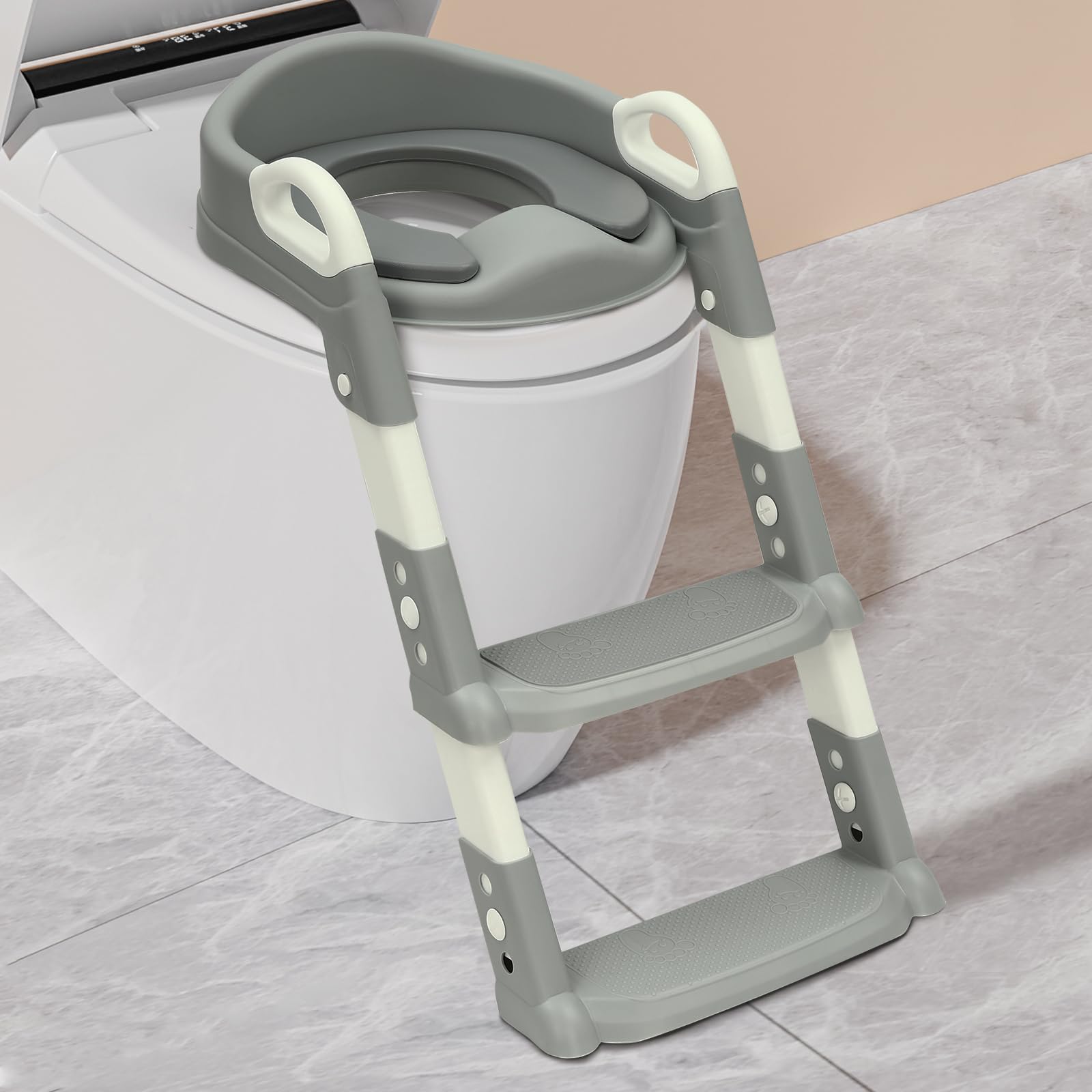 Siège de toilette pour enfant avec marche, coussin en PU détachable, réglable en hauteur 2–7 ans, siège de toilette pliable avec marche, antidérapant et sûr pour toilettes V/U/O (Gris)