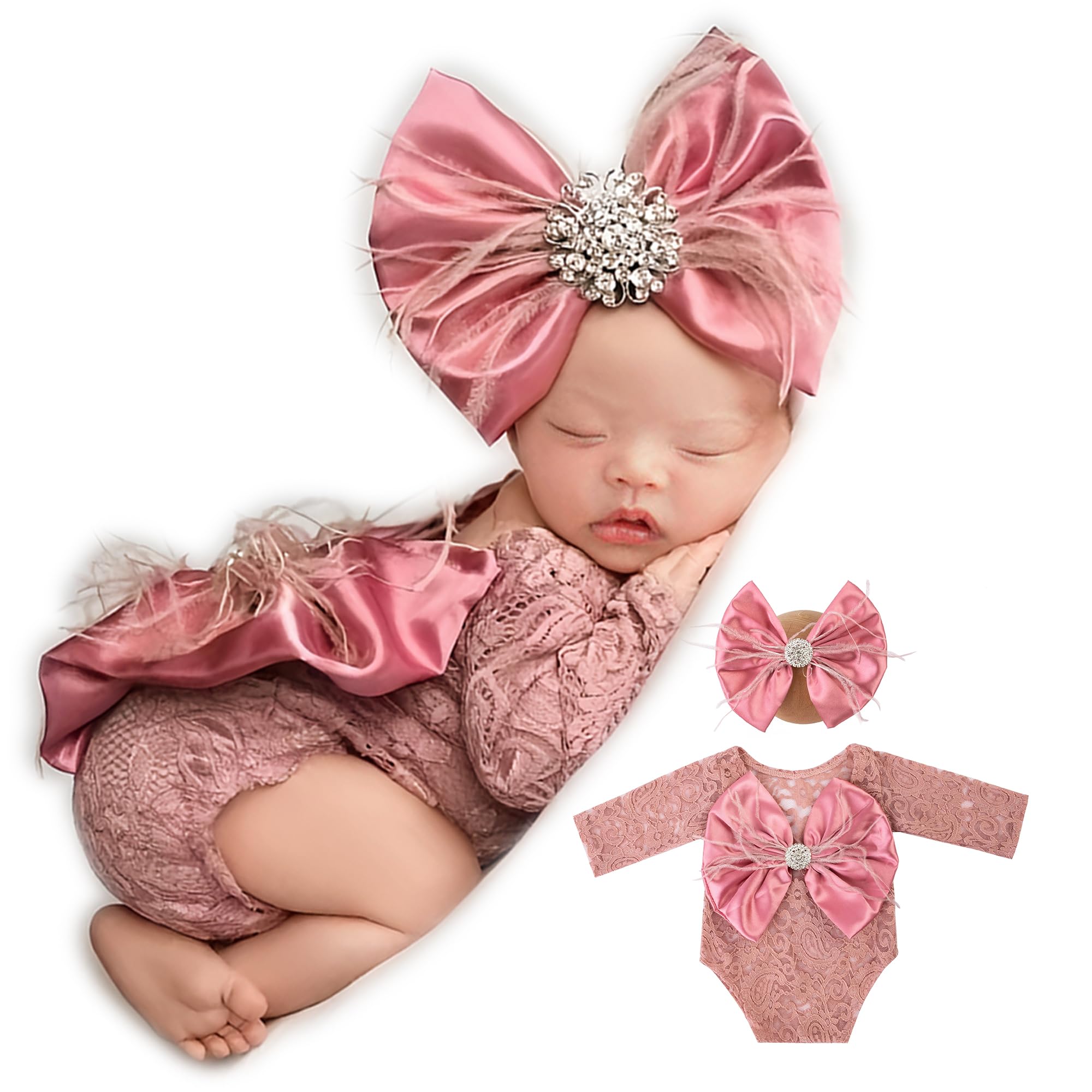 Newborn Photography Props, Infant Girl Photoshoot Lace Romper & Bow Headband Outfit, Cute Baby Photo Props for Newborns (Dusty Pink)