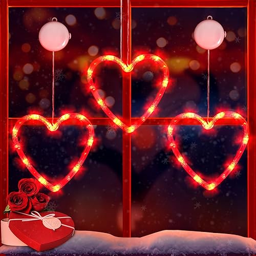 3 luces de ventana para el día de San Valentín, decoración de ventana con forma de corazón rojo, funciona con pilas, luces románticas colgantes con
