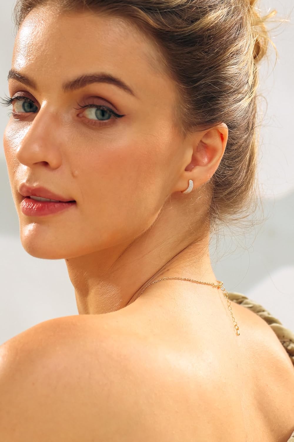 Small Gold Dome Huggie Hoop Earrings | 18K Gold Plated Sterling Silver Post Huggie Stud Earrings | Tapered Teardrop Open Hoop Earrings for Women - Image 2