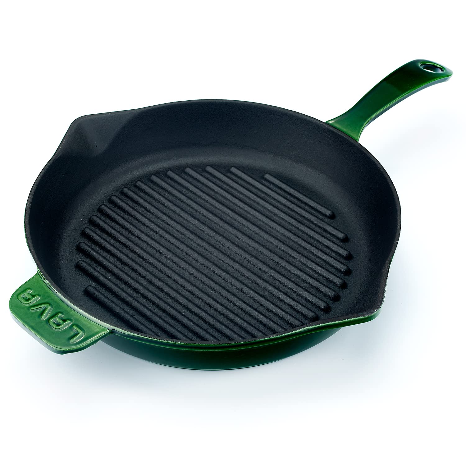 LAVA Premium Series - Grillpfanne aus Gusseisen, rund, 28 cm, mit einseitigem Griff, Emaille, Majolik Grün