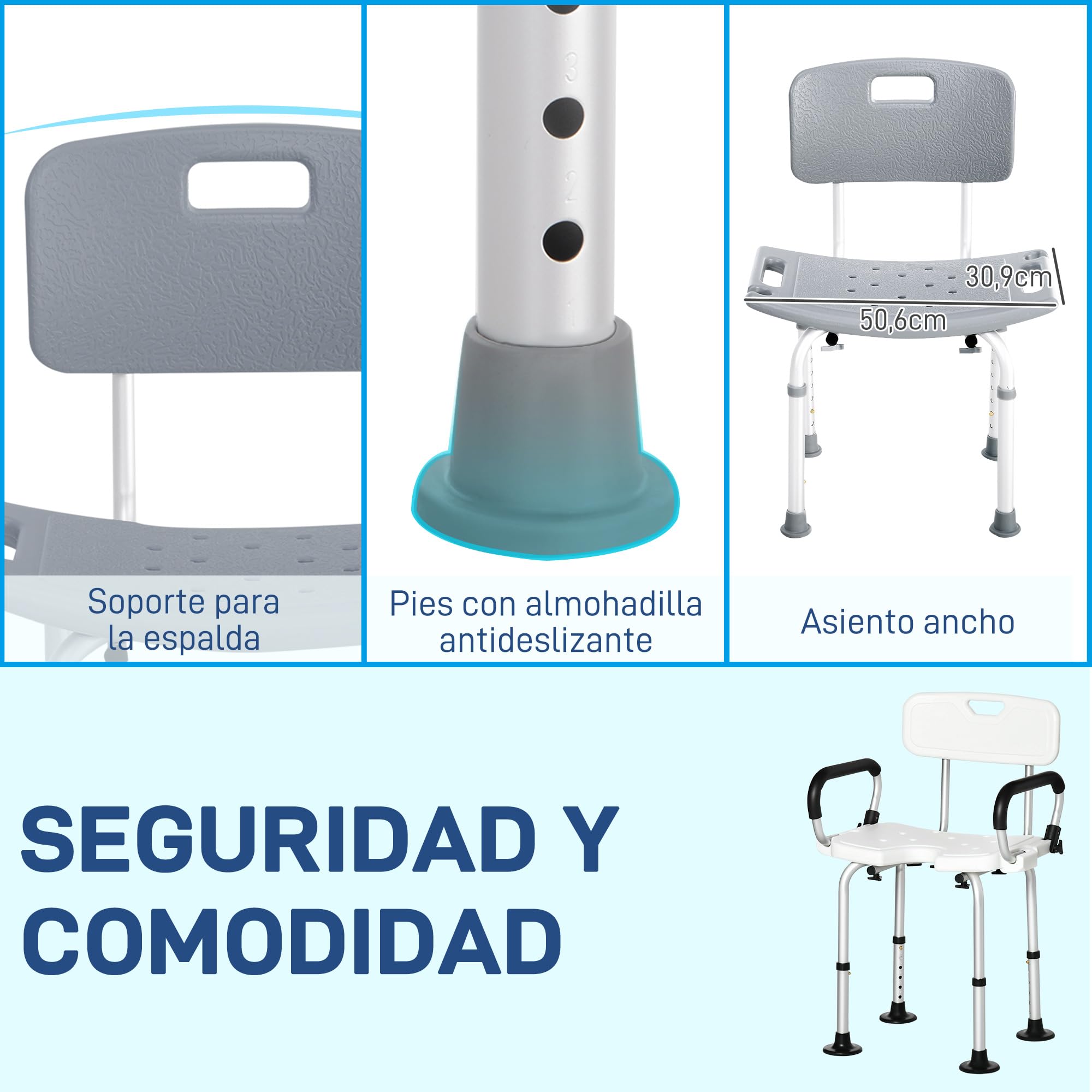 HOMCOM Silla Ducha Personas Mayores Taburete de Ducha Silla para Ducha con Respaldo Antideslizante Altura Regulable en 8 Niveles Carga 136 kg para Ancianos y Discapacitados