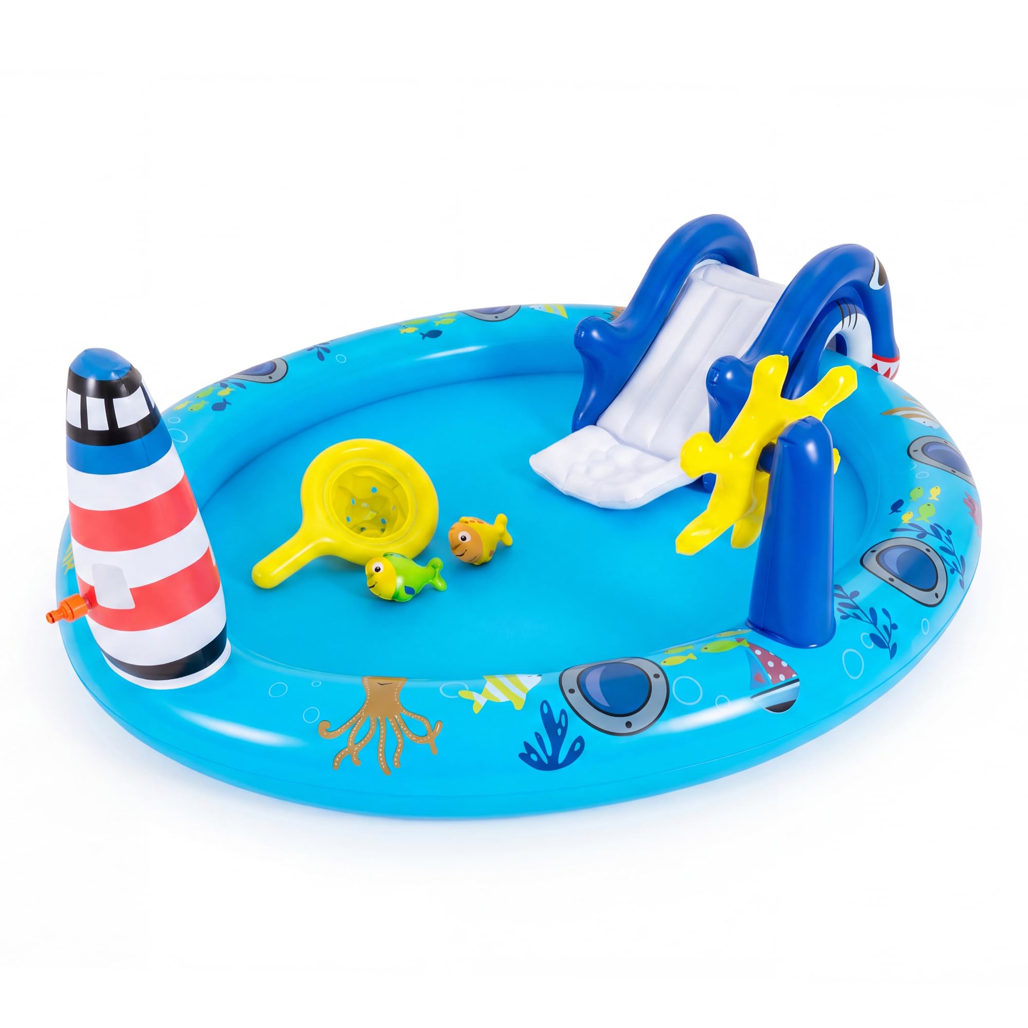 SOARS Piscina Gonfiabile Bambini, Parco Giochi Acquatico a Tema Marino con Scivolo, Irrigatore, Timone, 2 Pesci Giocattolo, Retino e 2 Toppe di Riparazione per Bambini 2-6 Anni, 188 X 153 X 63 CM