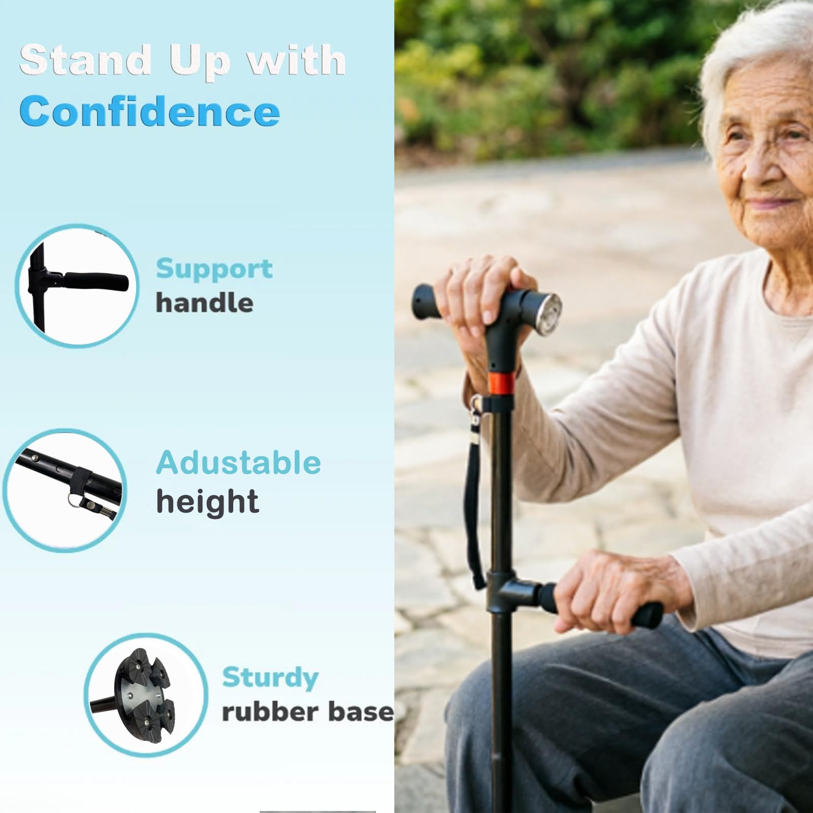 Bastón Naxir Stand Secure – Soporte Estable con Luz LED y Alarma, Ajustable, Base Antideslizante para Mayores