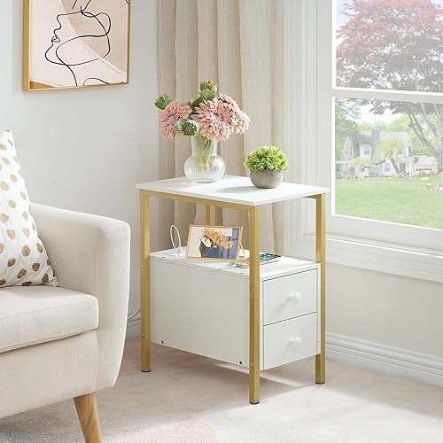 Miniatura 7 de HOOBRO Mesa auxiliar con estación de carga, mesa auxiliar estrecha con 2 cajones, puertos USB y tomas de corriente, mesita de noche para espacios