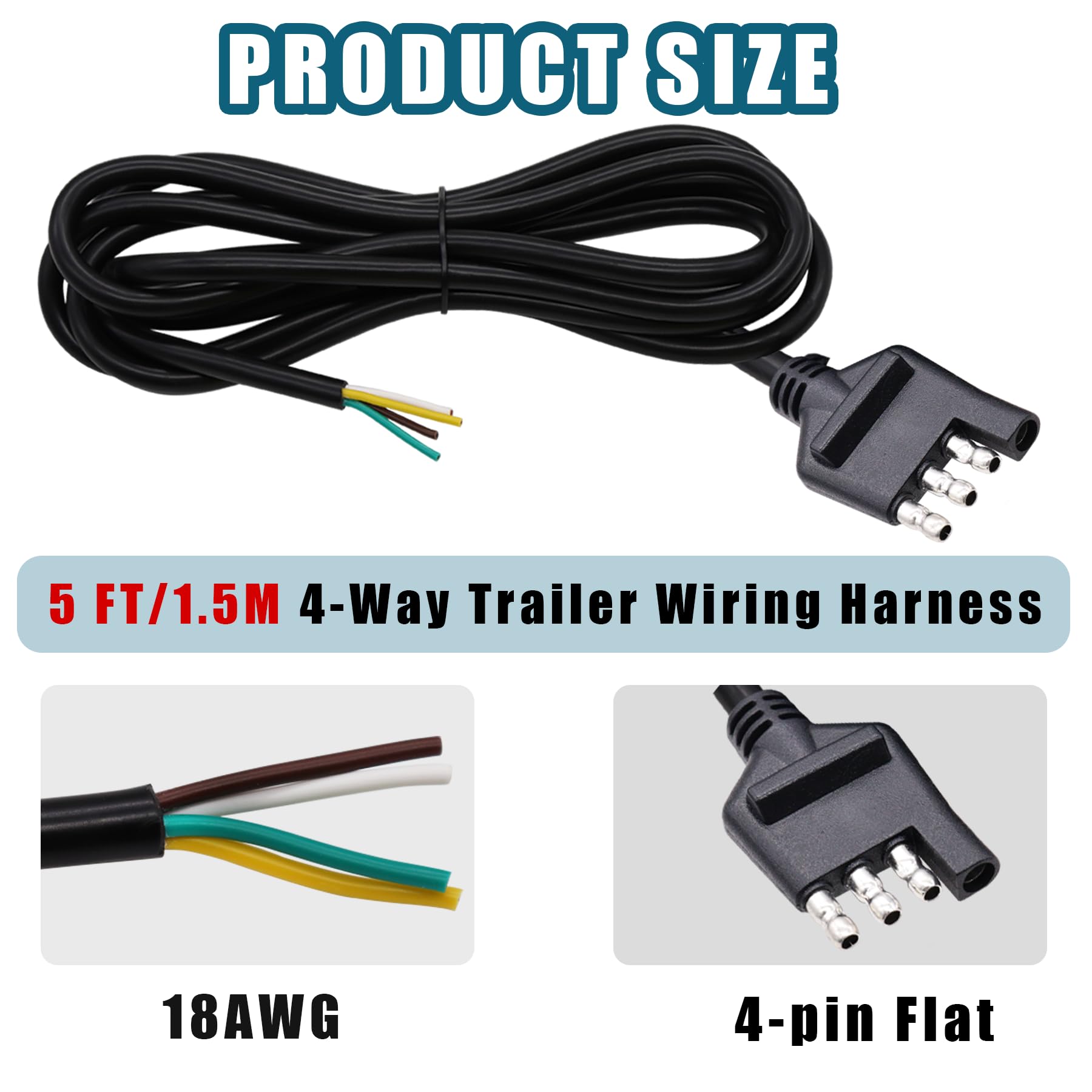 4-Way Trailer Wiring Harness 5Ft(1.5m) 4-Pin Flat Trailer Wire Extension Connector P-O-066-1.5