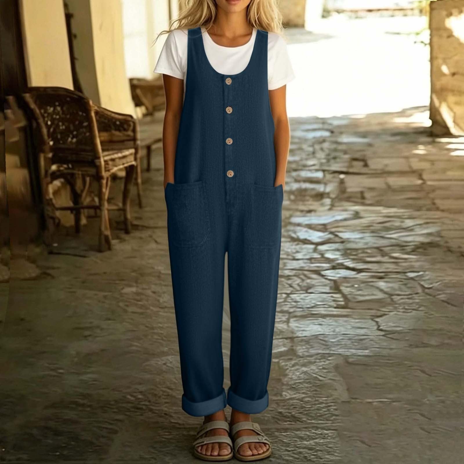 Mono sin Mangas para Mujer con diseño de Pierna Ancha y cinturón para un Estilo Vaquero Moderno.