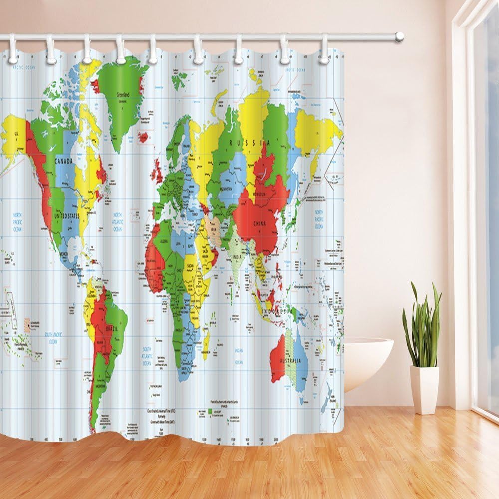 Educate Children Decor, Detailed World Map Standard Time Zones for Kids, Polyester Fabric Waterproof Shower Curtains, 71X71 in, Shower Curtain Hooks Included, Green Blue