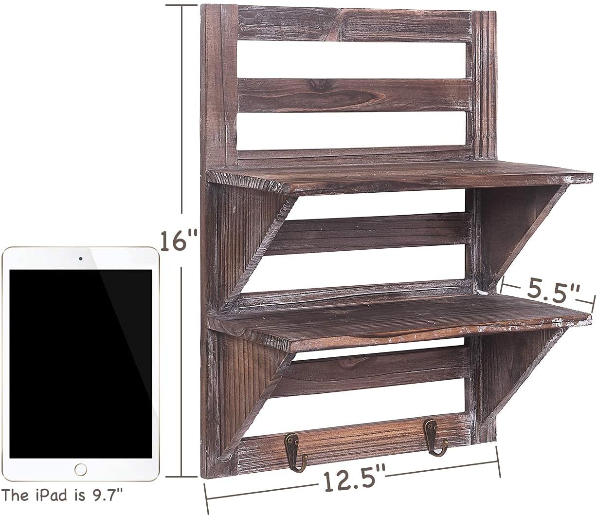 RHF Rustic Wall Shelf, Wood Wall Shelves, Hanging Shelf Organizer Rack, Decorative Floating Shelves for Living Room, Bathroom, Kitchen, Office - 2 Hooks 2-Tier (Brown)