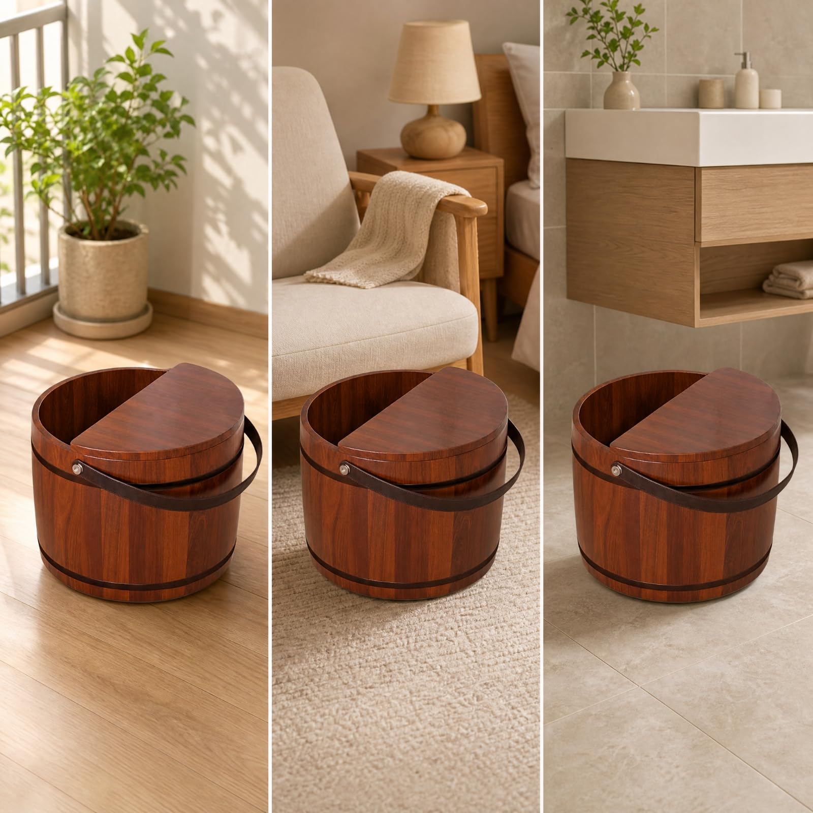 Secchio Cilindrico in Cedro per Bagno dei Piedi Resistente Vasca Pediluvio in Legno Massello con Maniglia Naturale per Adulti, Casa, Massaggio, 30x31cm