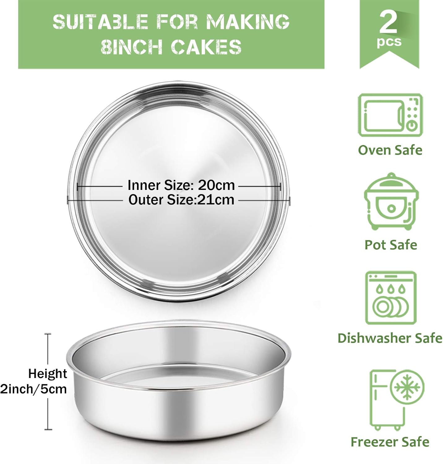 Homikit 8 Inch Cake Tin Set of 4, Stainless Steel Round Cake Mould for Baking Baking Pan with One Piece Design - Image 3