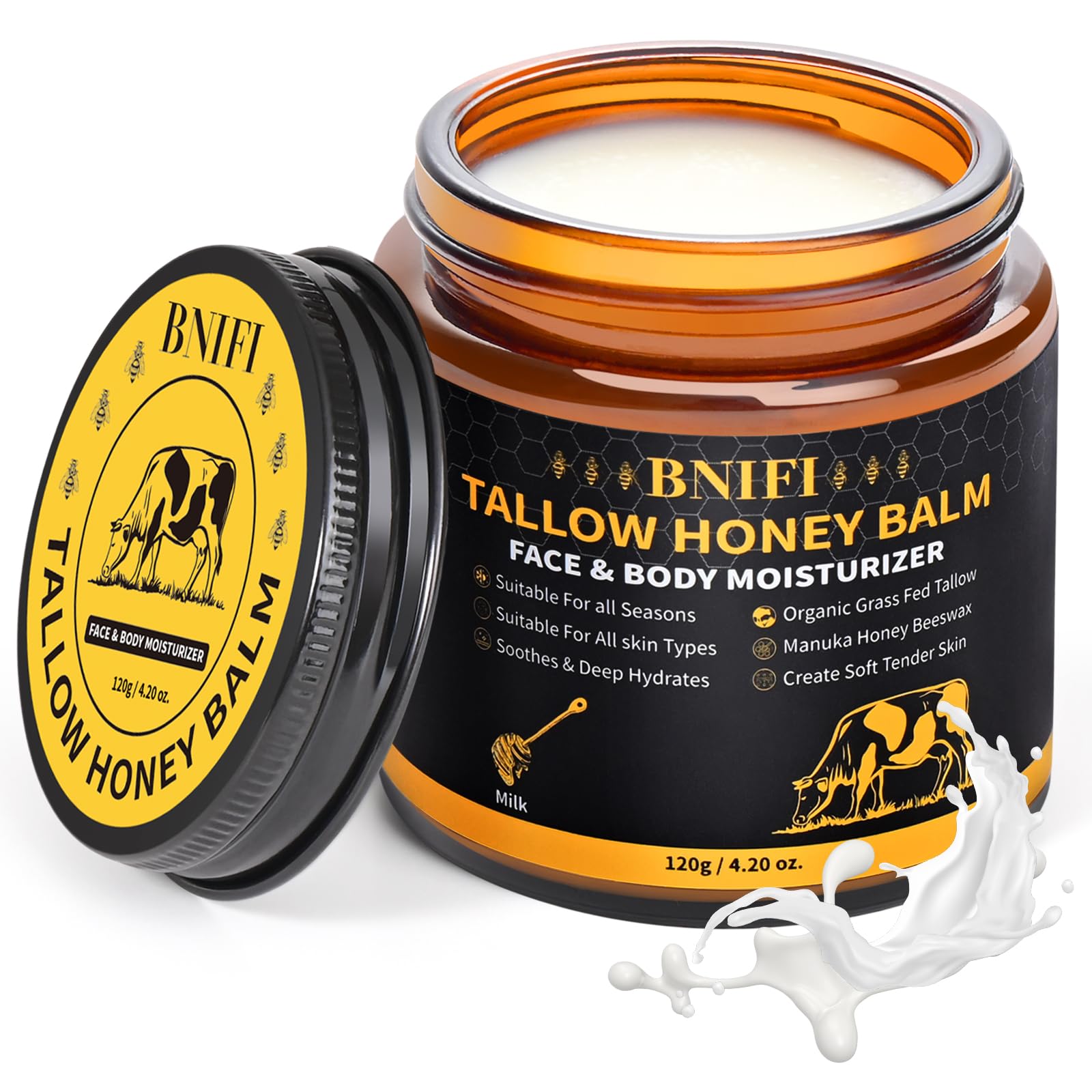 BNIFI Tallow and Honey Balm for Face Beef Tallow for Skin Organic Grass-Fed Beef Tallow Balm for Face Body Moisturizer (Milk)