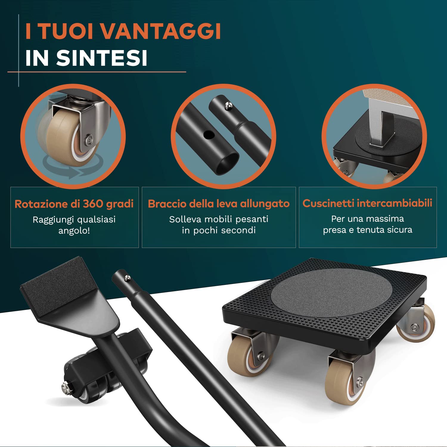 Sollevatore Mobili FAIRMO Con 4 Ruote TPE - Set Per Spostare Mobili Pesanti Fino A 200 Kg, Con Cuscinetti Antiscivolo