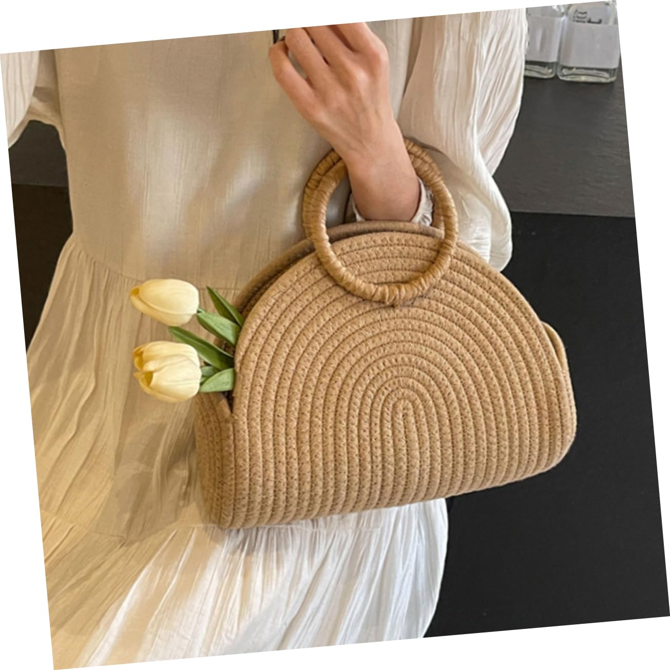 IMIKEYA Borsa Intrecciata in Corda di Cotone Khaki Portatile per l'Estate Grande Capacità e Design Rustico per Mare