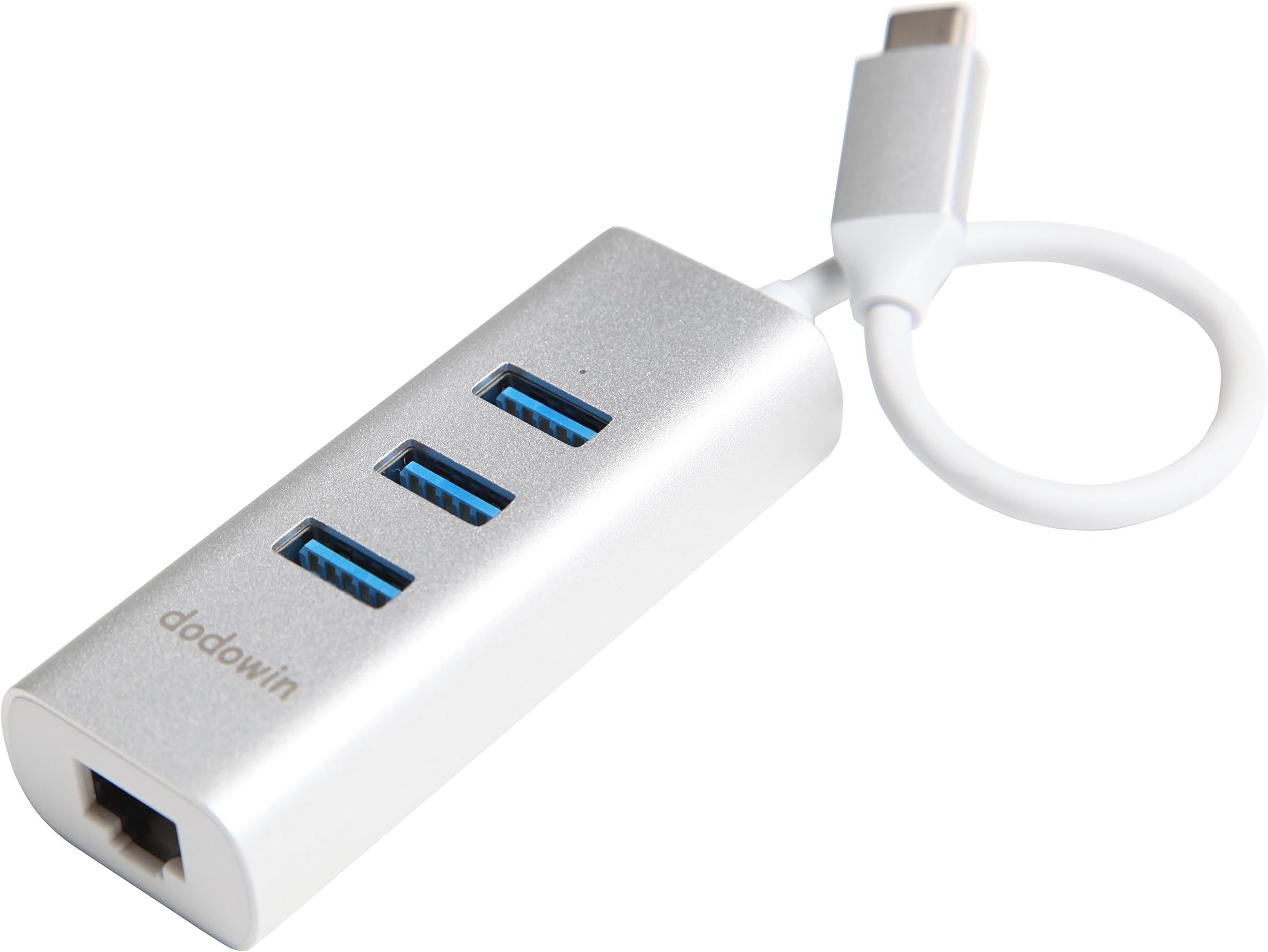 USB C Hub, DODOWIN Type C & Thunderbolt 3 Adapter to 3 USB 3.0 Ports with RJ45 Gigabit Ethernet LAN Network Adapter, Compatible 2018 MacBook Air 2018 MacBook Pro 2017 2016 DELL XPS Chromebook (Silver)