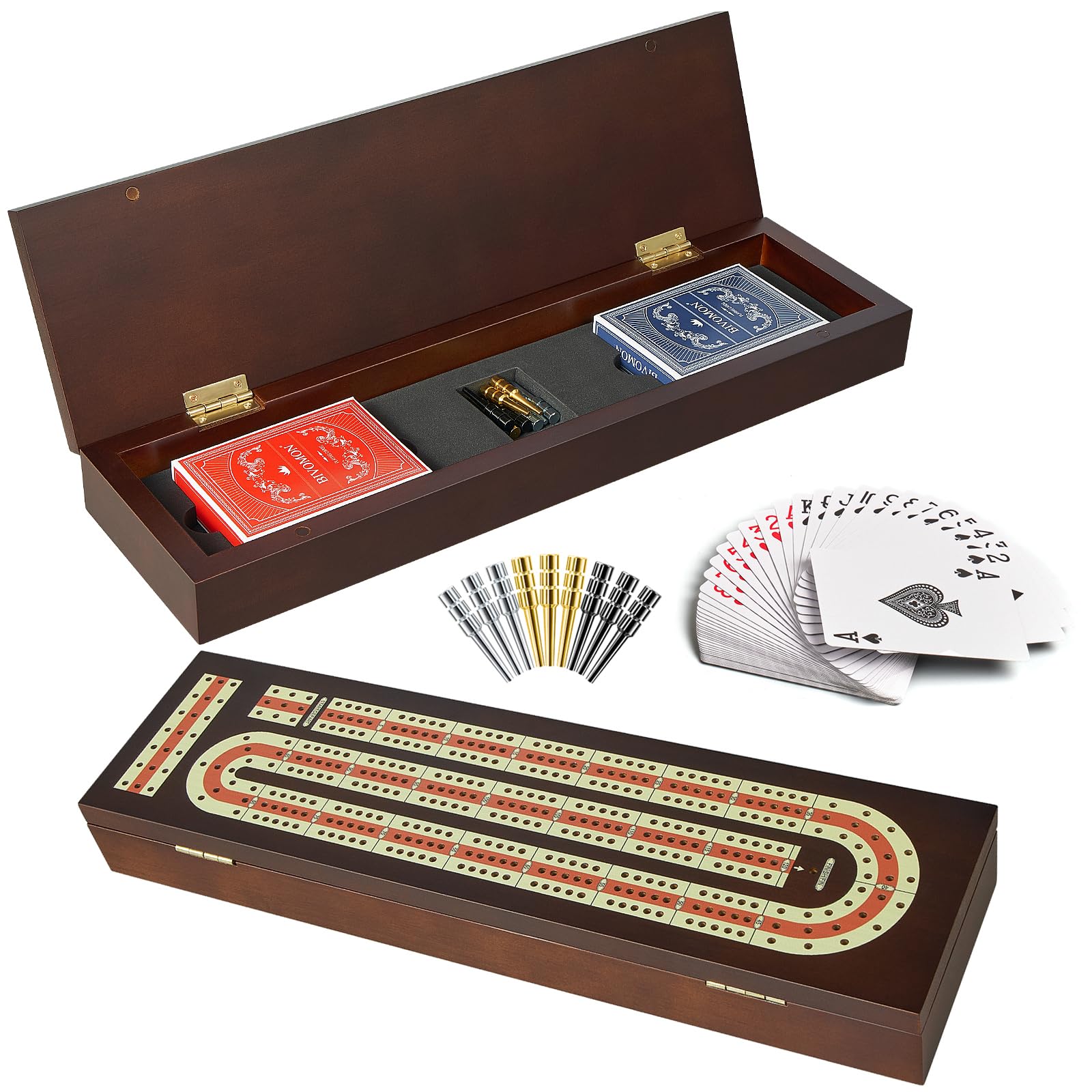 BIVOMON Cribbage Board Game Set Continuous 3 Track Wooden Board with Magnetic Lock, 9 Metal Pegs, 2 Playing Cards, Large Storage Area, Travel Portable
