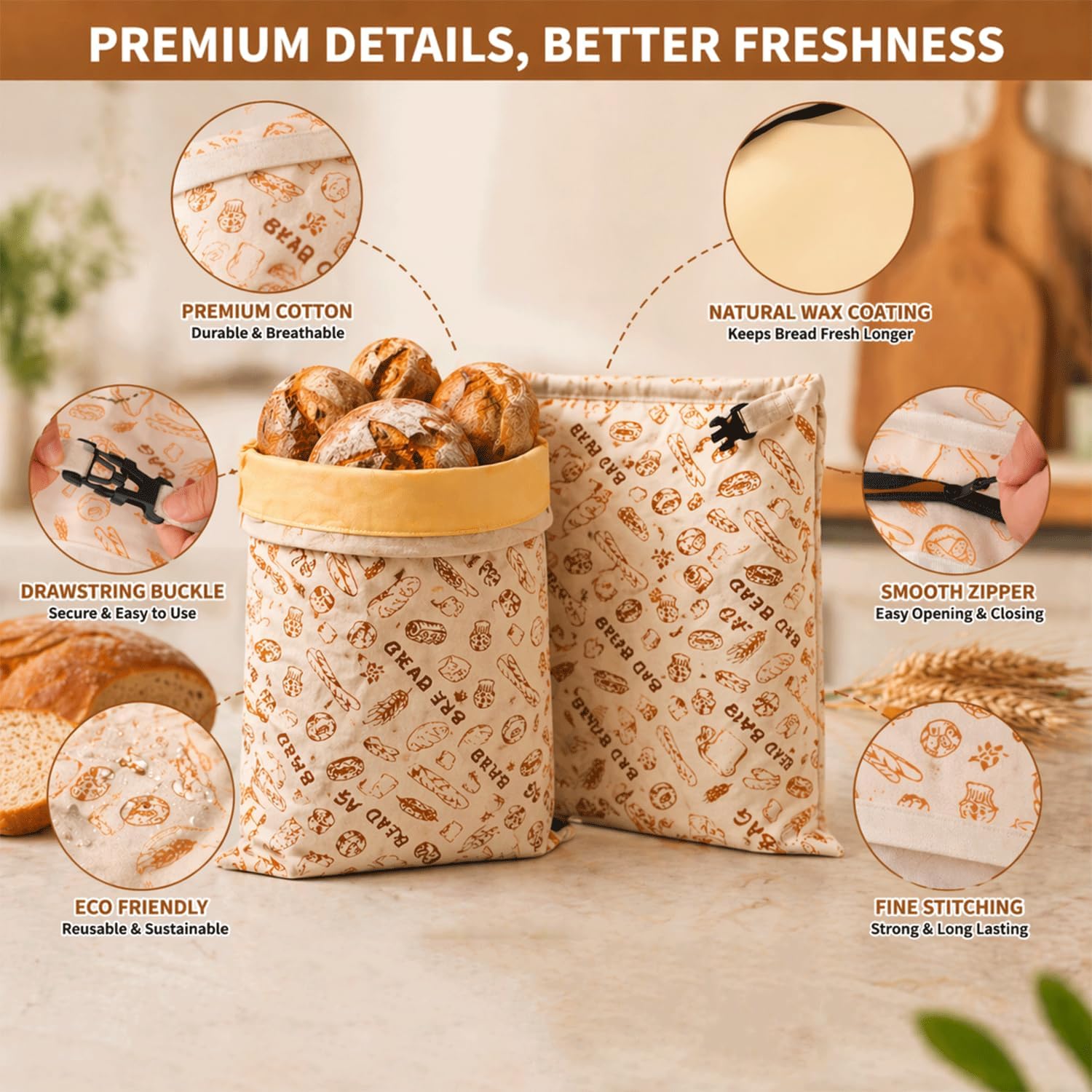 2 PACK Beeswax Sourdough Bread Bags, XL Eco-Friendly Fresh Food Storage (13x17). Natural Beeswax Food Wrap Bag, Bread Keeper for Homemade Bread, Eco Friendly Kitchen Storage