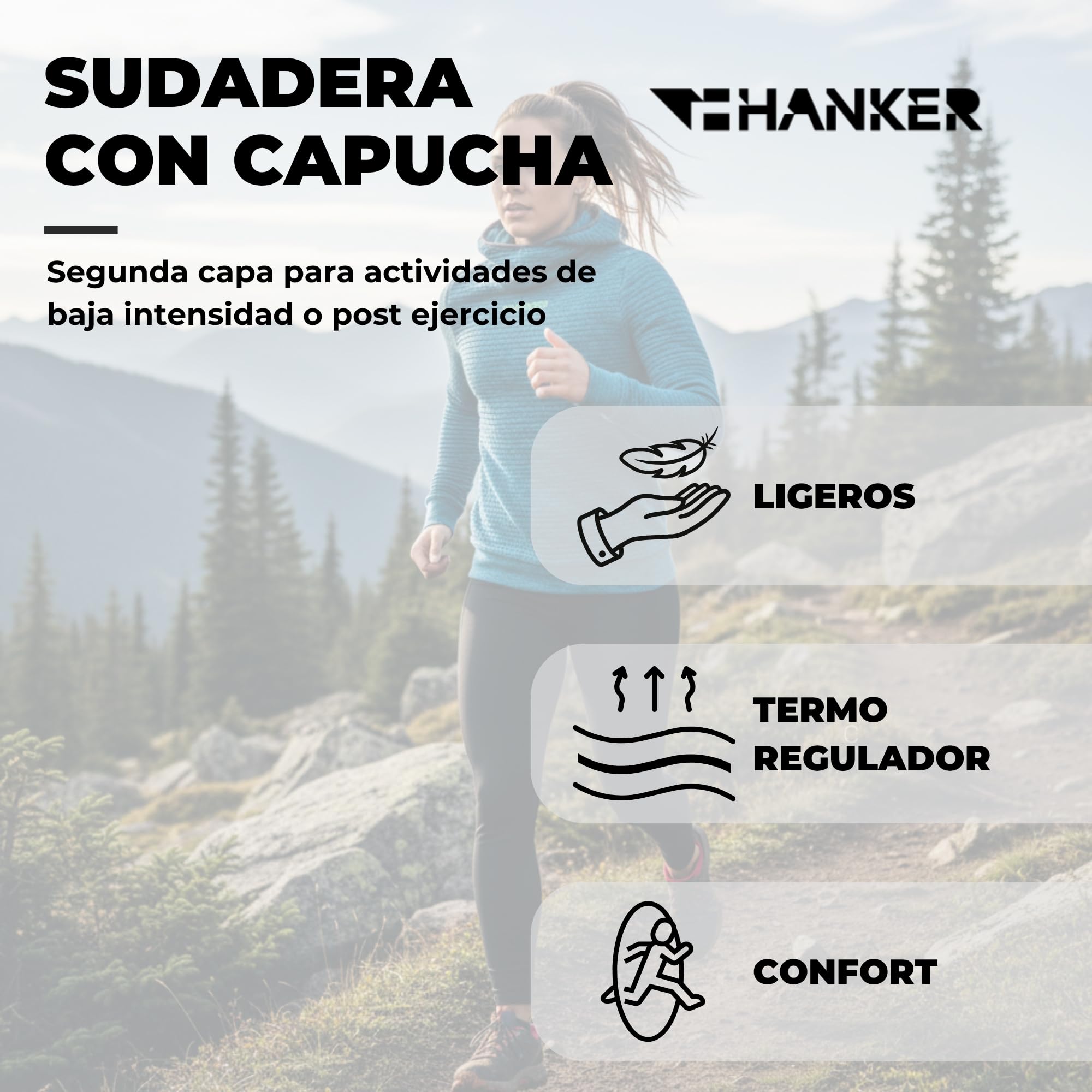 HANKER Sudadera Deportiva Unisex con Capucha Segunda Capa térmica | 92% poliéster Soft Air Plus, 8% poliamida, capucha, segunda capa térmica, para trekking y uso diario