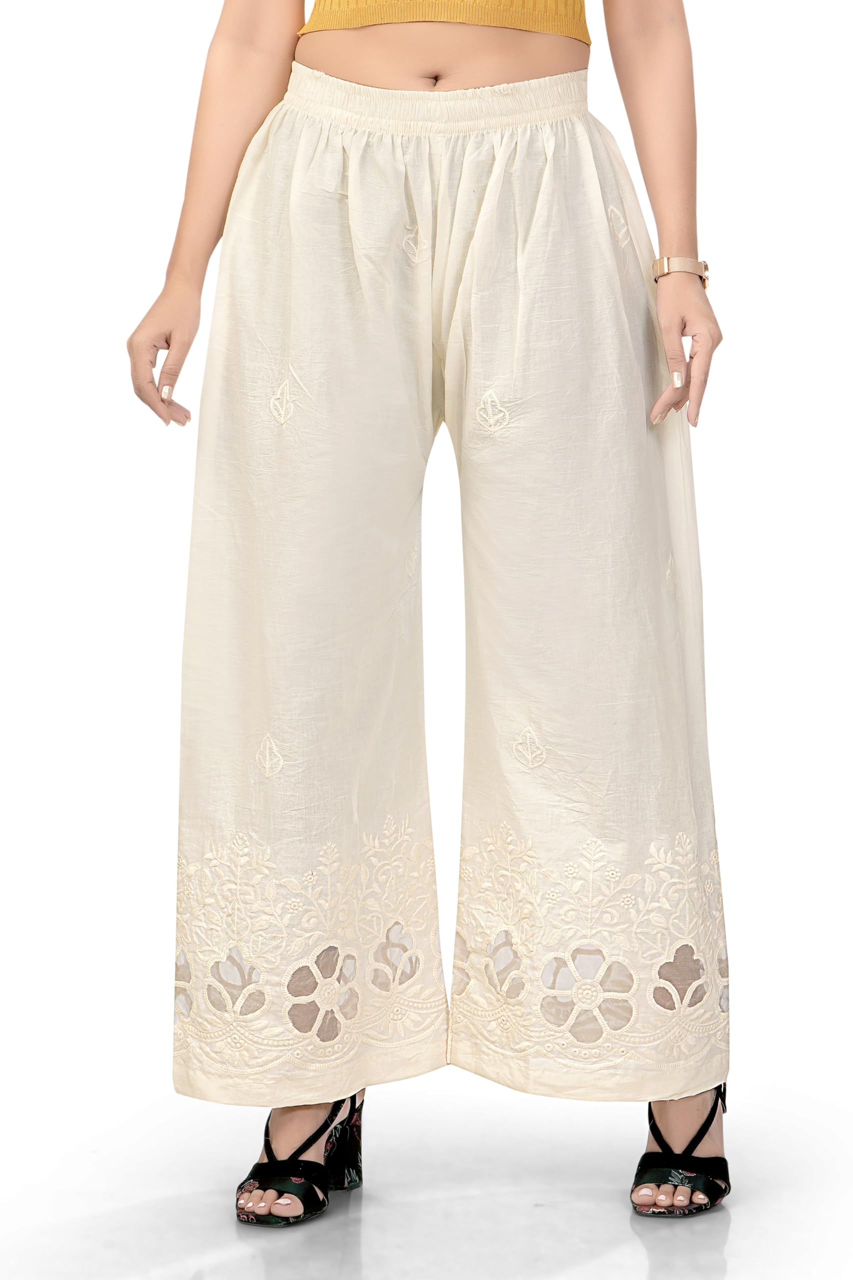 zeny creation Women's Cream Wide Leg Palazzo with Chikankari Embroidery and Cutwork Hem, Elastic Waist-picture-34