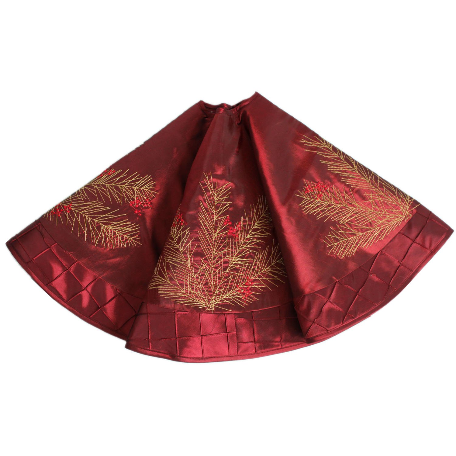 Gireshome Burgundy Faux Silk Deluxe Berry Embroidered Center, Handcraft Pintuck Border, Christmas Tree Skirt-36inch