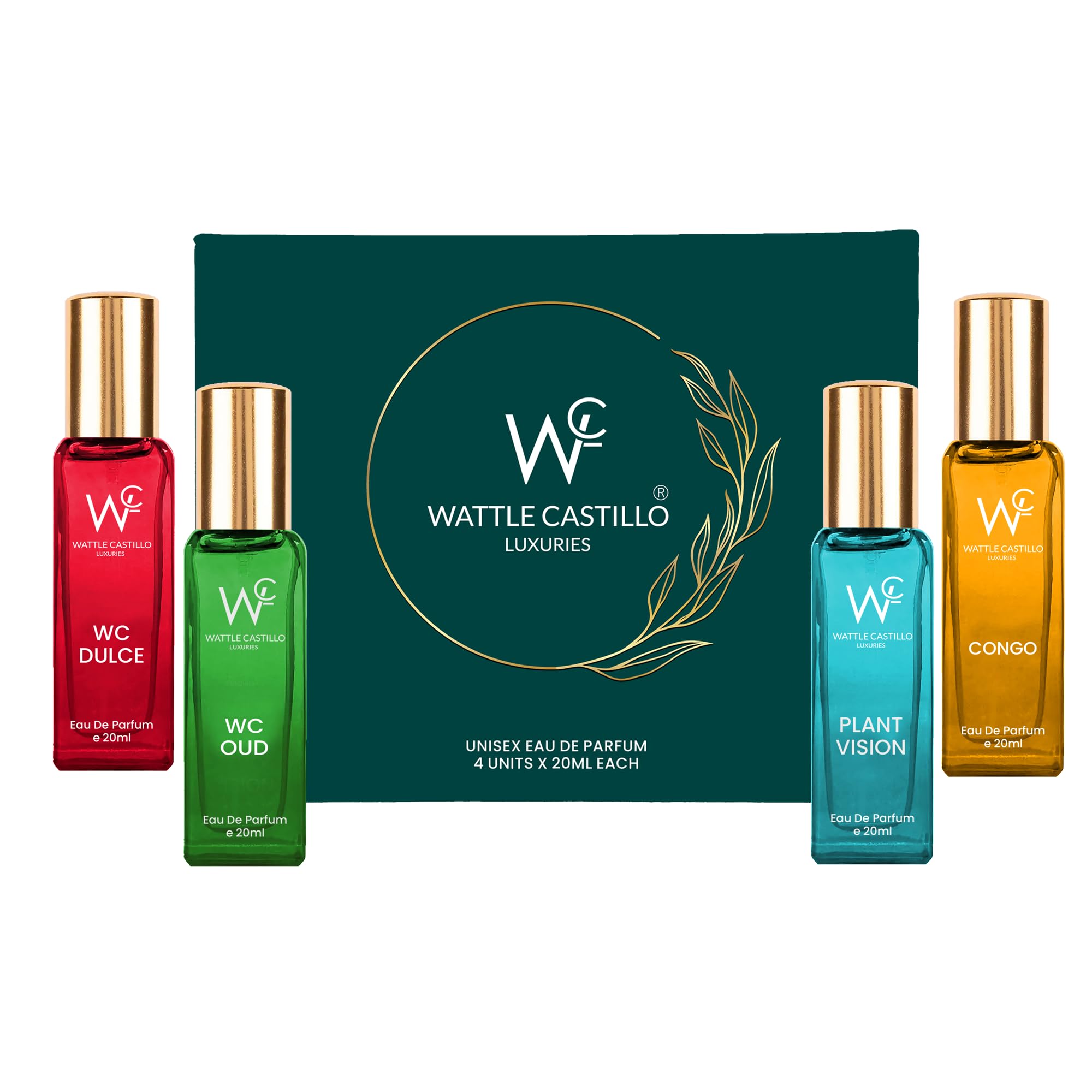 wattle castillo luxuries unisex eau de parfume gift set combo 4 x 20ml for men & women with wc dulce, wc oud, plant vision, congo perfume|long lasting edp fragrance scent