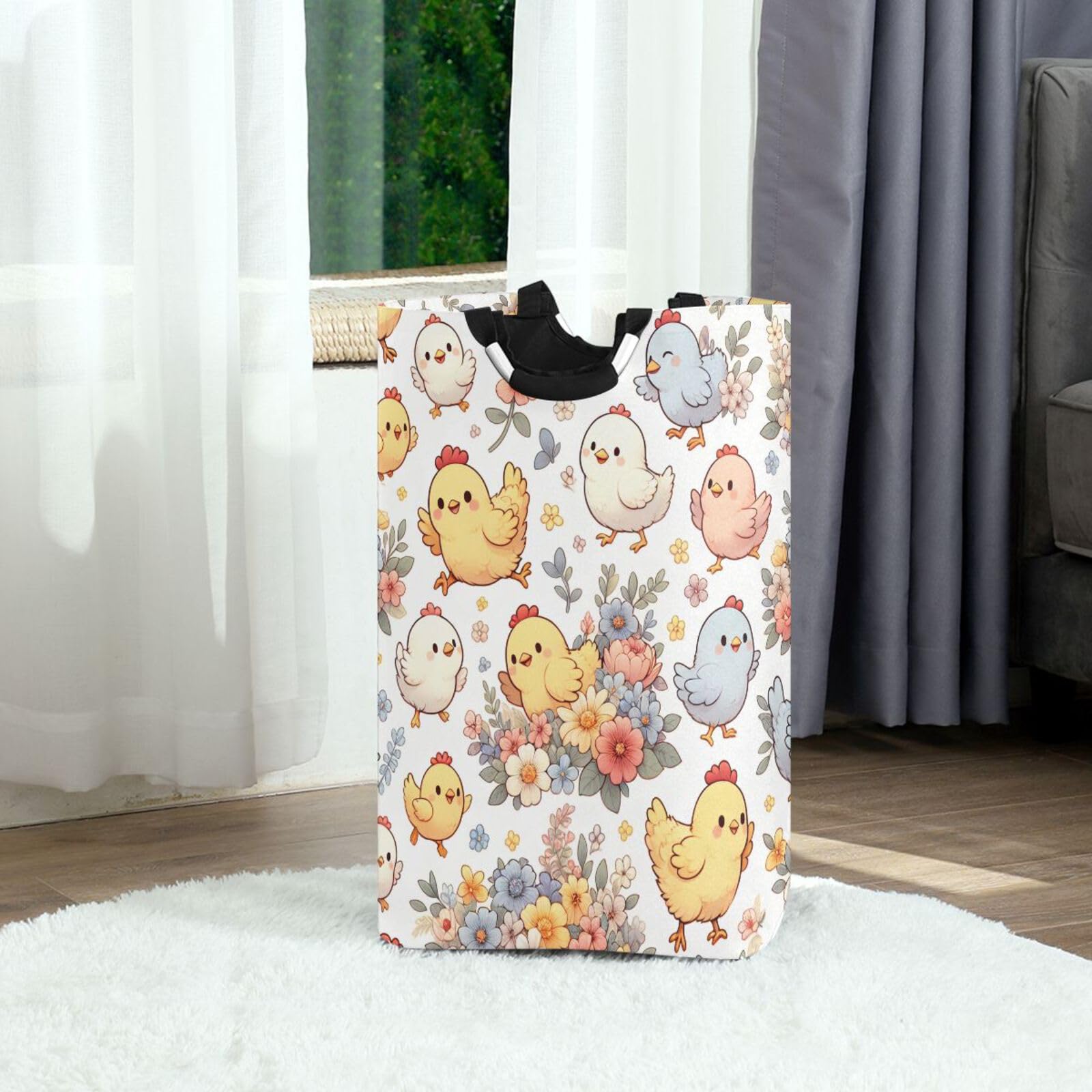 Jihqo Laundry Hamper Basket Cute Floral Cartoon Chickens Collapsible Nursery Storage Bin Waterproof Clothing Baskets for Home Bedroom Bathroom Washing Room