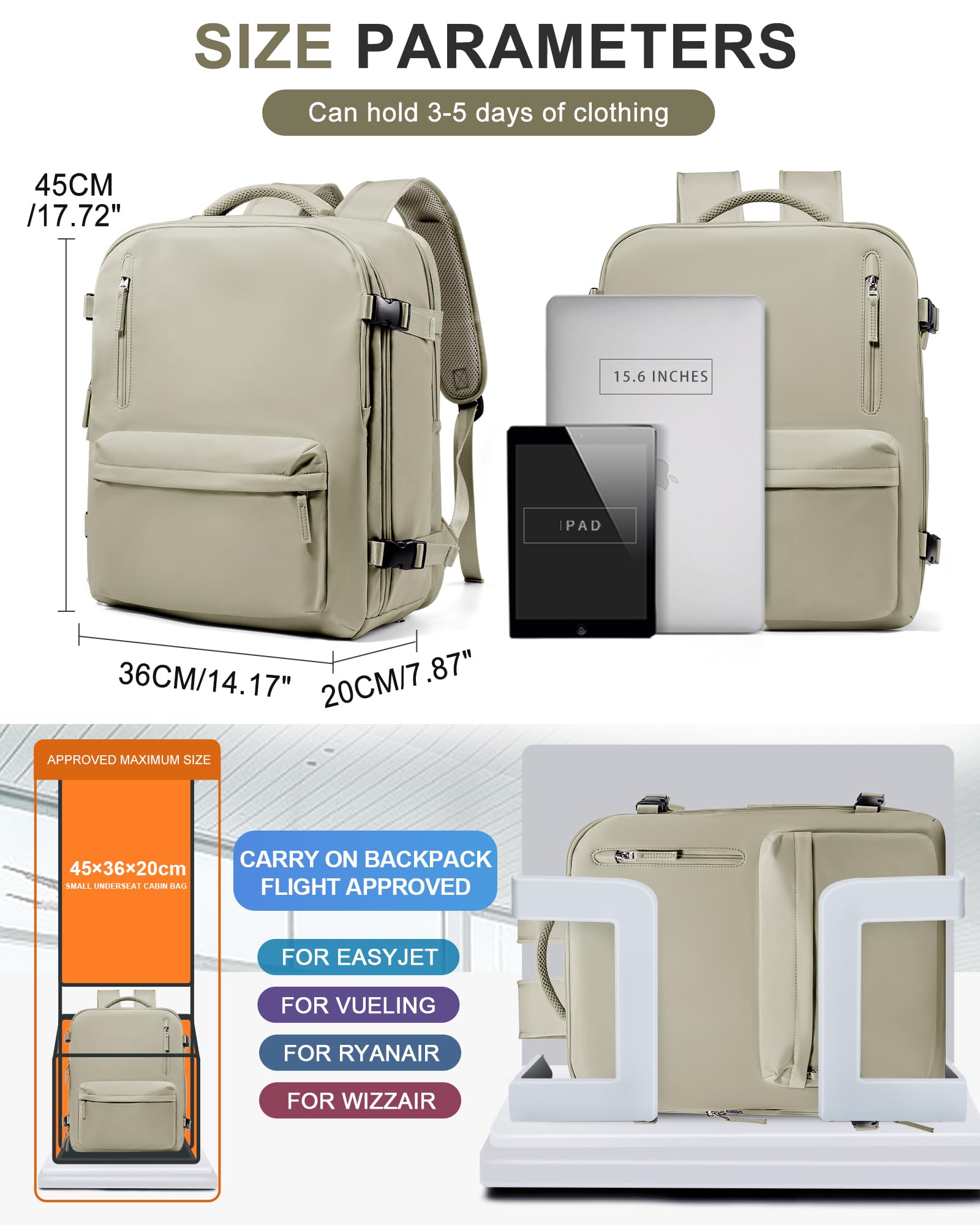 BJLFS Borse da Cabina per Ryanair 40×20×25 Bagaglio a Mano Easyjet 45×36×20 Borsa Zaino da Viaggio, Zaino da trekking,Zaino Casual per laptop da 14 pollici per scuola