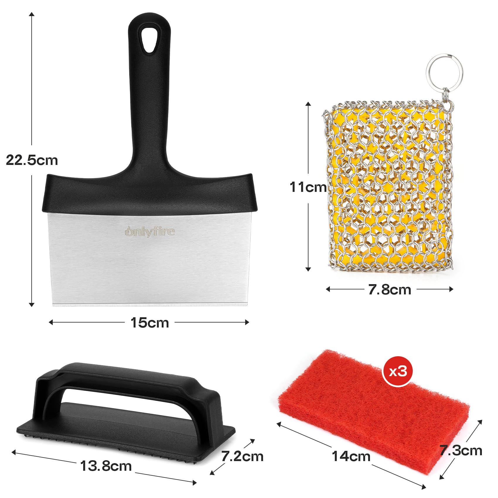 onlyfire Kit de Limpieza de Parrilla, 3 Estropajos, Un Mango, Limpiador de Hierro Fundido y Rascador de Barbacoa, Kit de Limpieza de Barbacoas para Plancha, Parrilla y Ollas de Hierro Fundido