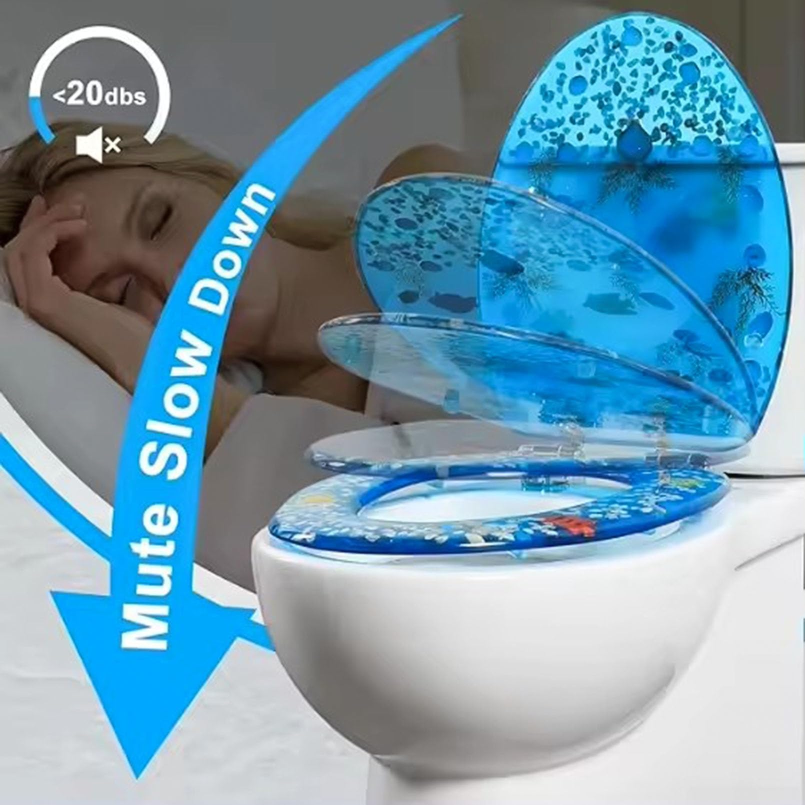 Bleu Siège de Toilette, Lunettes WC avec Couvercle en Coquillage Transparent, siège en résine Ocean Series, Facile à Nettoyer et à Installer, Étoiles en Coquillage Bleu Clair