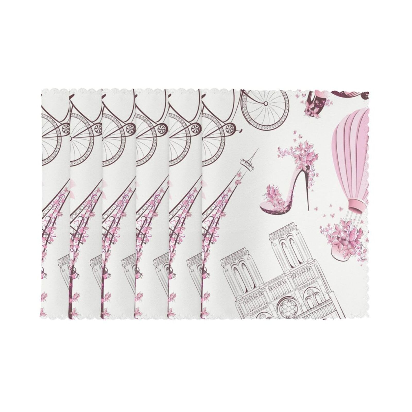 6 PCS Heat Resistant Placemat 45x30 CM, Romantic Paris Butterfly Eiffel Printed Non-Slip Place Mats for Kitchen Dining Table Indoor Outdoor