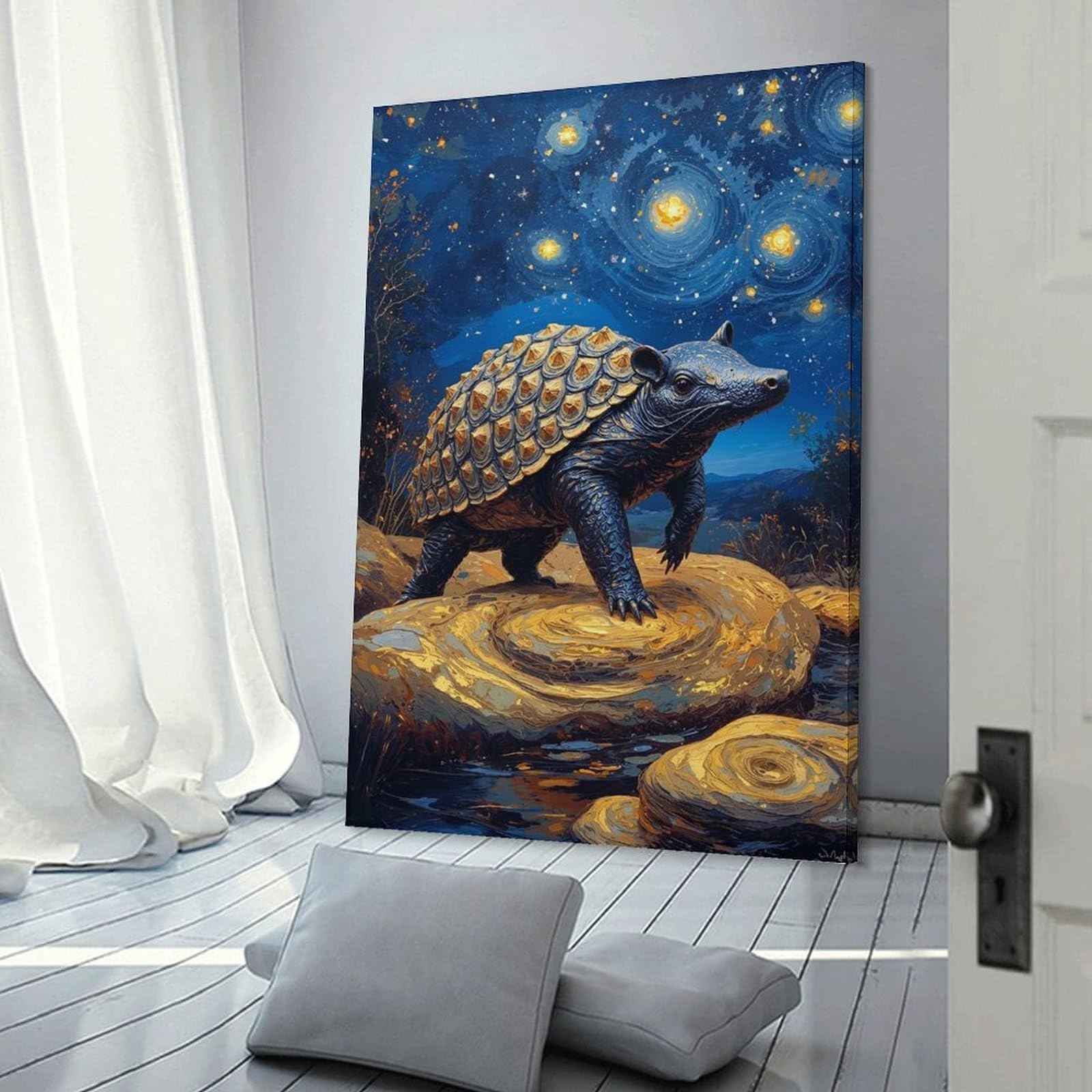 Junmoney Frame-Style-15 Armadillo-Turtle Hybrid Under Starry Night Wall Decor Canvas Print 20X30inch(50X75cm), For Sofa Walls, Lounge Or Home Corners, Modern Wall Decor For Cosy Interiors
