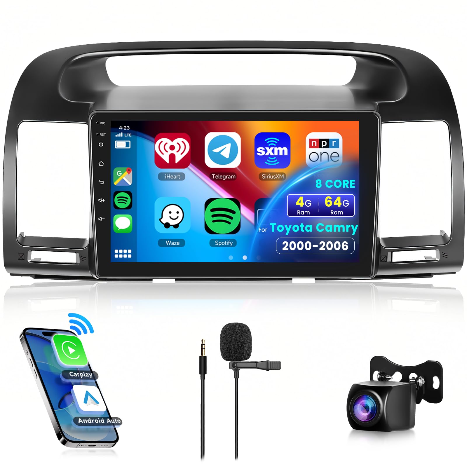 Image showing a Toyota Camry dashboard before and after installation of the podofo car radio, highlighting the integrated 9-inch display.