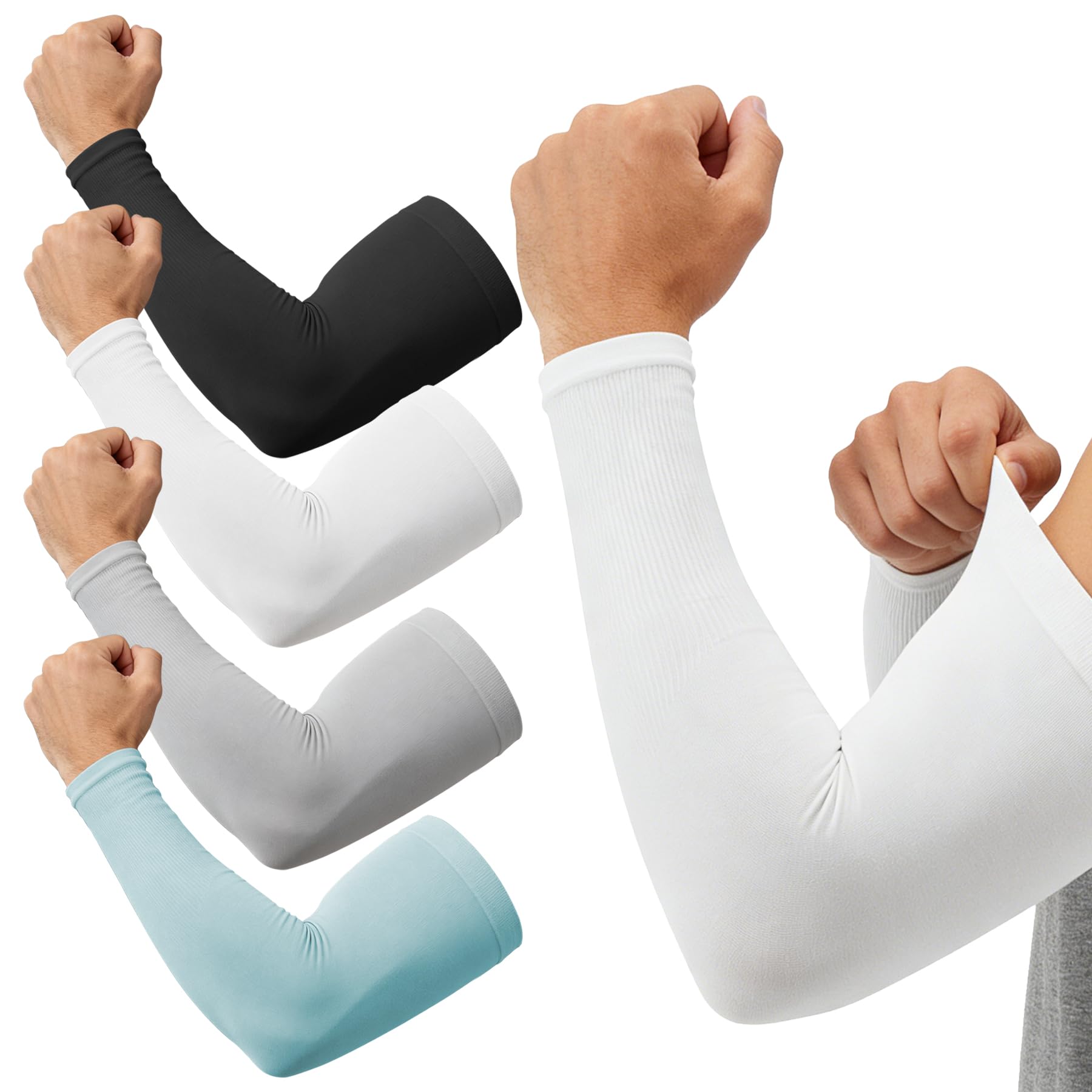 Seanselo Unisex Black+White+Grey+Blue 4 Pairs Uv Sun Protection Compression Arm Sleeves - Tattoo Cover Up - Cooling Athletic Sports Sleeve For Football, Golf & Volleyball (Black+White+Grey+Blue)