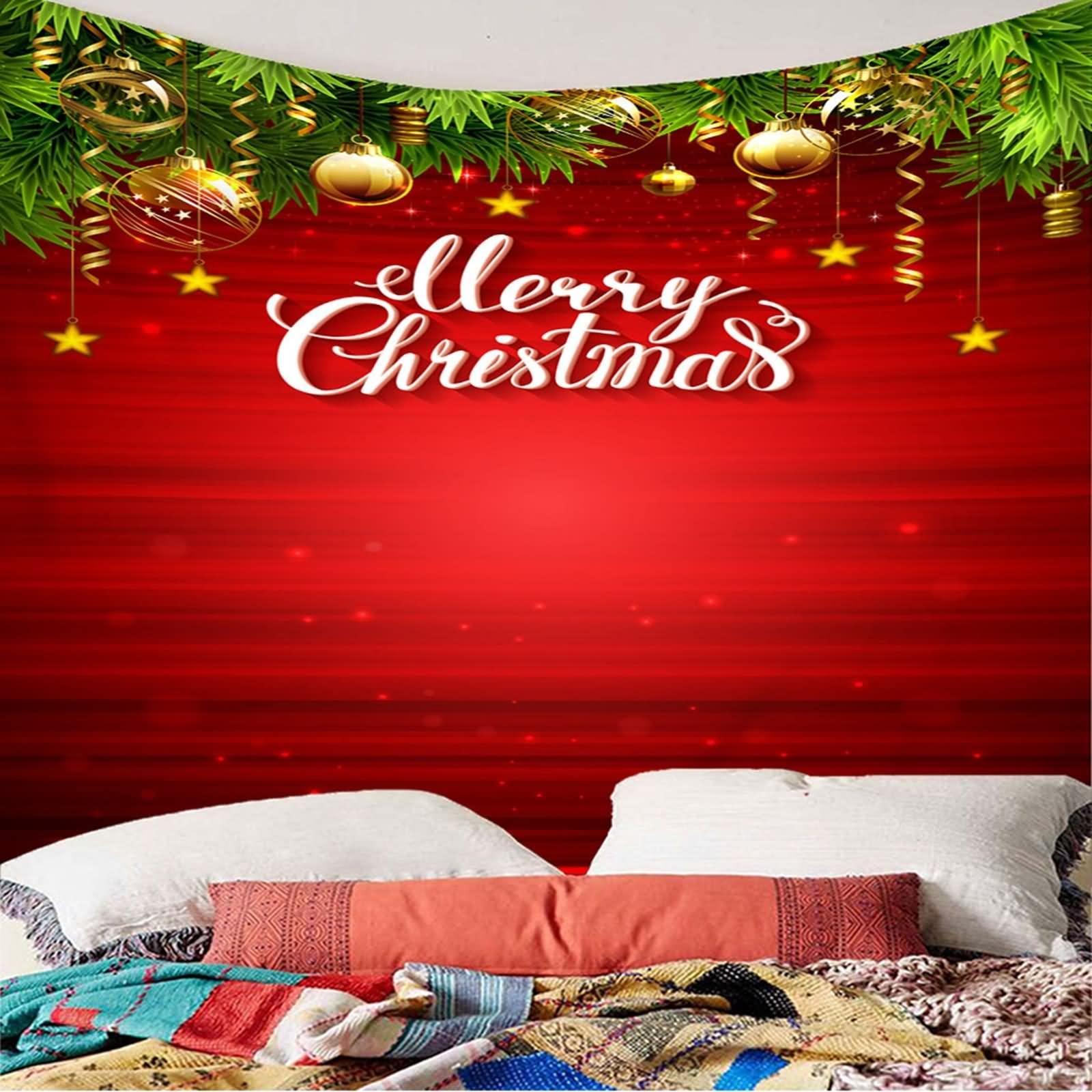 Cuelga Tapices de Pared, Tapiz Decorativo de Navidad Bola de Decoración Navideña Merry Christmas Estrellas Verde Blanco Amarillo Poliéster 350X256cm
