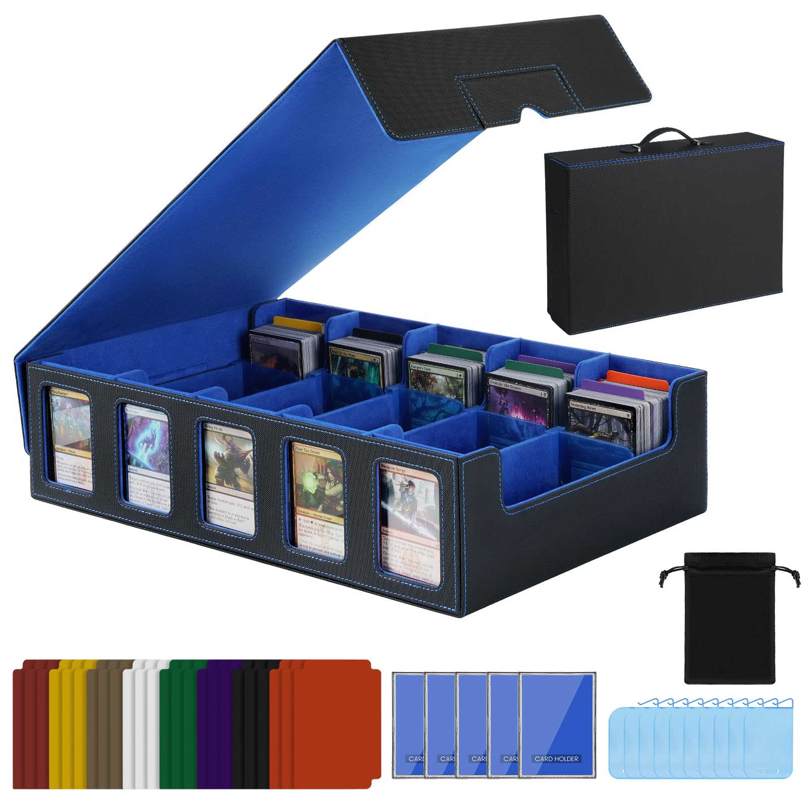 Trading Card Storage Box with Handle, 5-Row Portable Leather Game Case for 4000+ Cards,Blue Card Collection Box with Commander Display Window for MTG, Yugioh, and Sports Cards,Gifts for Card Collector