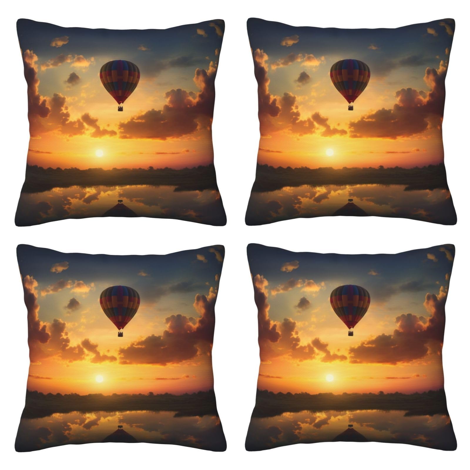 Hot Air Balloon Sunset Throw Pillow Cases 4 Pack Square Pillowcases Super Soft Pillow Protectors With Zipper for Couch Livingroom Sofa Bed Office Car,30x30 CM