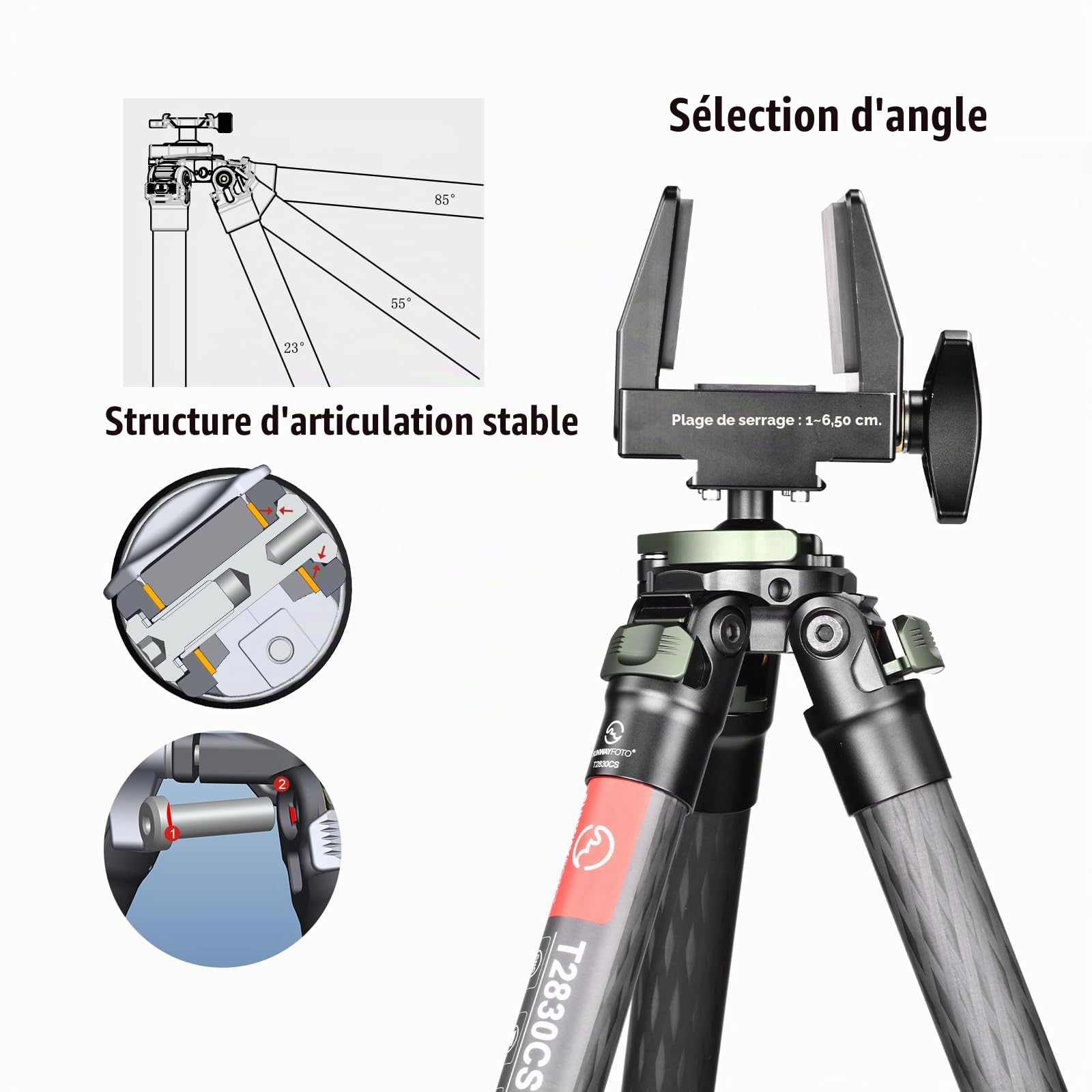 SUNWAYFOTO Trépied de chasse T2830CS-M en fibre de carbone pour fusil, avec tête sphérique et support de selle, charge 20 kg.